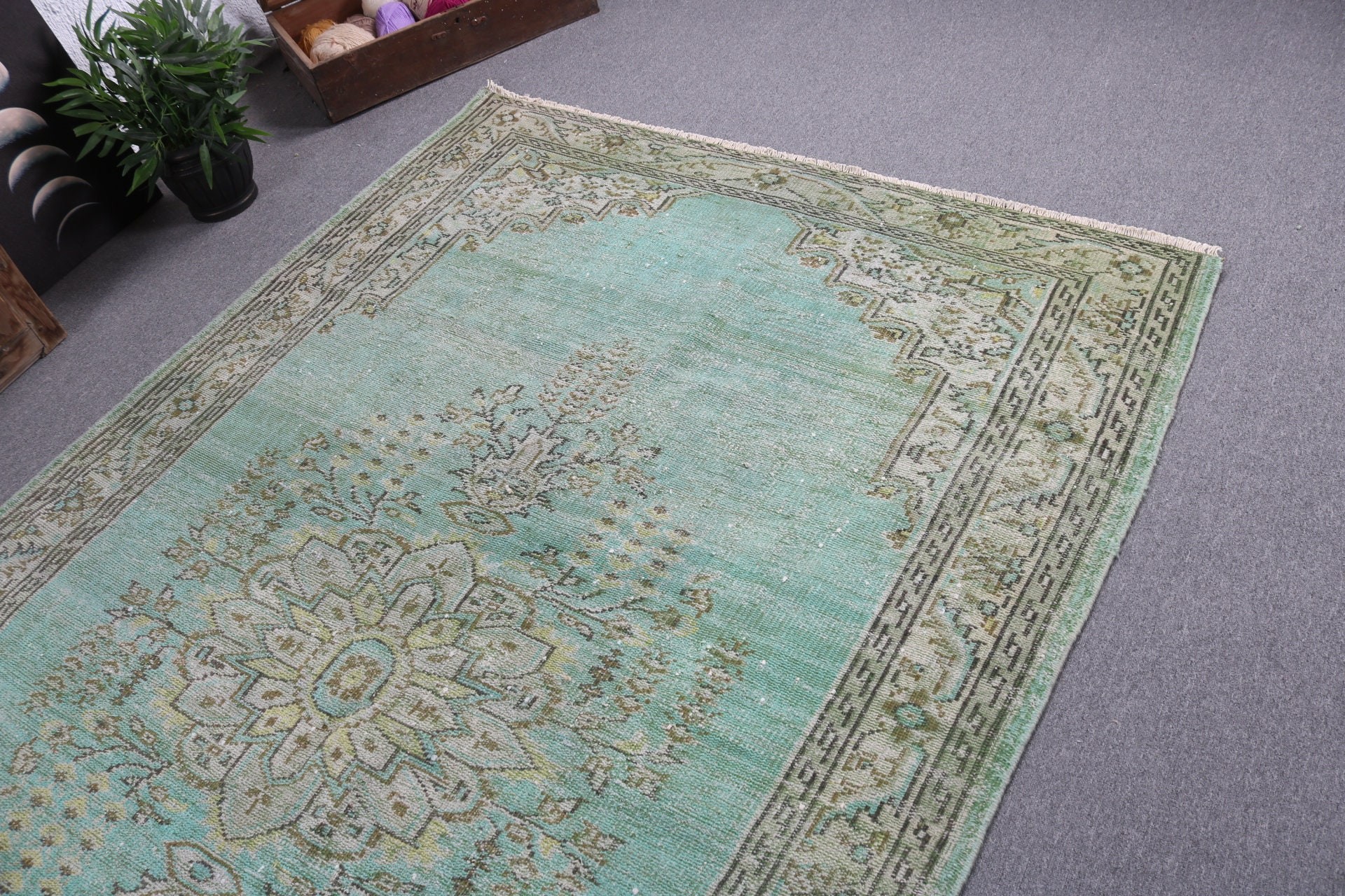 Dış Mekan Halıları, Boho Halıları, Türk Halısı, Yeşil Boho Halısı, Salon Halısı, Büyük Oushak Halıları, Vintage Halılar, 5,5x8,7 ft Büyük Halılar