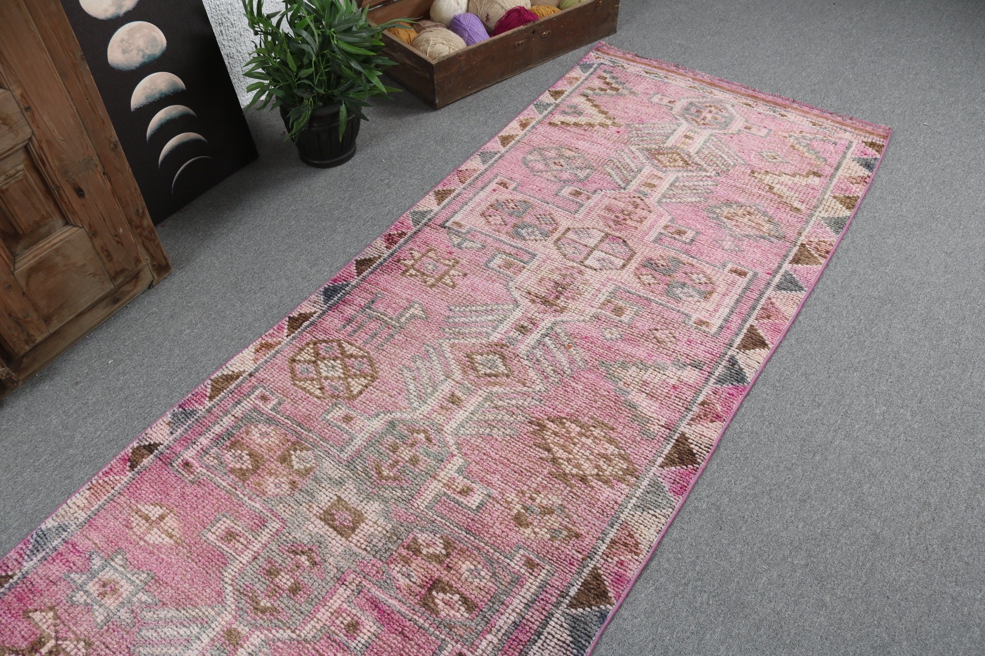 Pink Wool Rugs, Geometric Rug, Turkish Rug, Bedroom Rugs, 3.1x10.8 ft Runner Rug, Vintage Rugs, Hallway Rugs, Rugs for Beni Ourain Runner