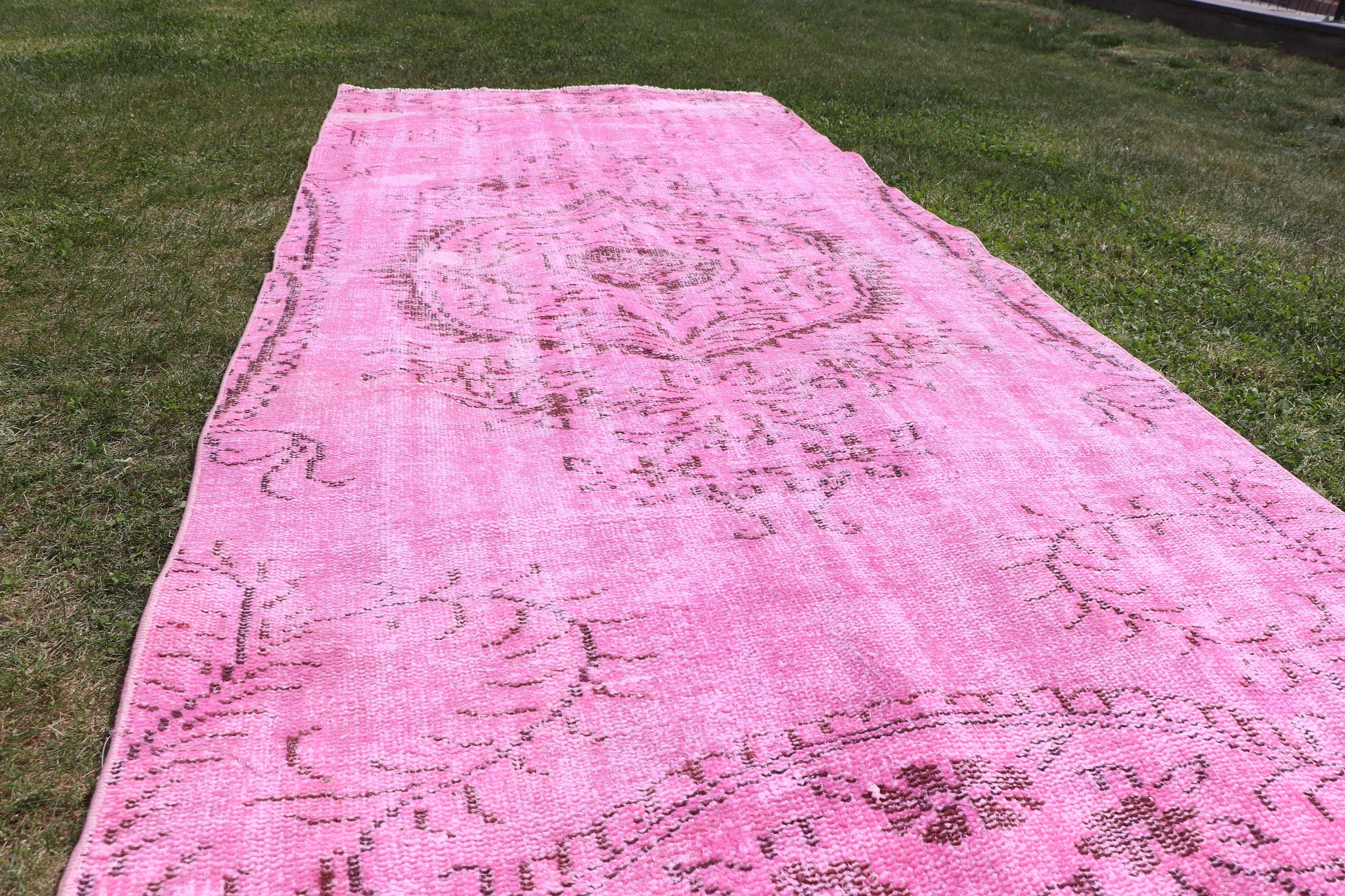 Pink Statement Rugs, Vintage Rug, Geometric Rug, Bedroom Rugs, Rugs for Vintage Area, Turkish Rugs, 3.4x8.3 ft Area Rugs, Cool Rug