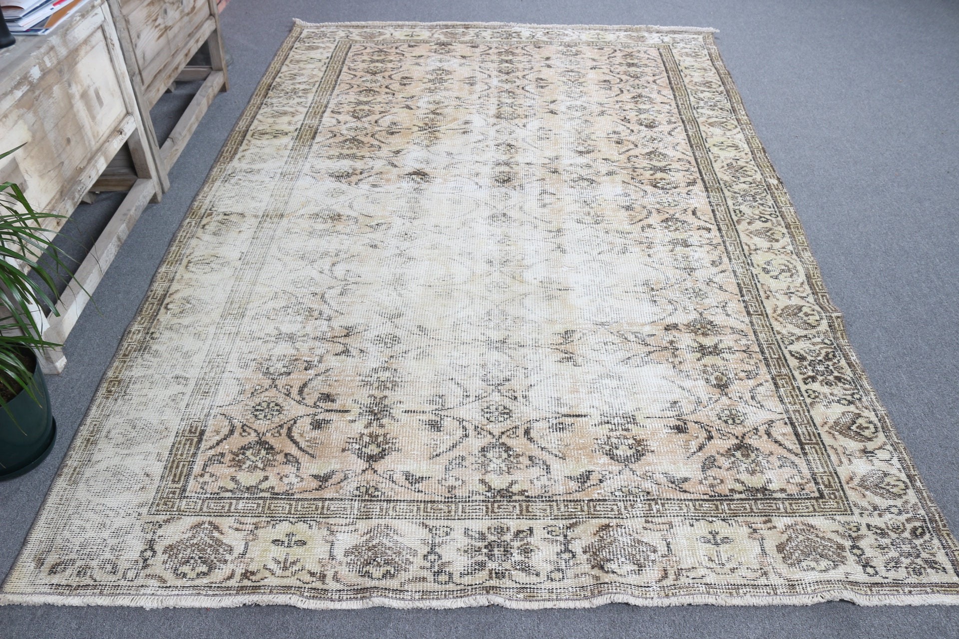 Ev Dekor Halıları, Özel Halı, Vintage Halı, Bej Antika Halı, Oturma Odası Halısı, Türk Halısı, Yatak Odası Halısı, Oushak Halısı, 5.9x9.2 ft Büyük Halılar