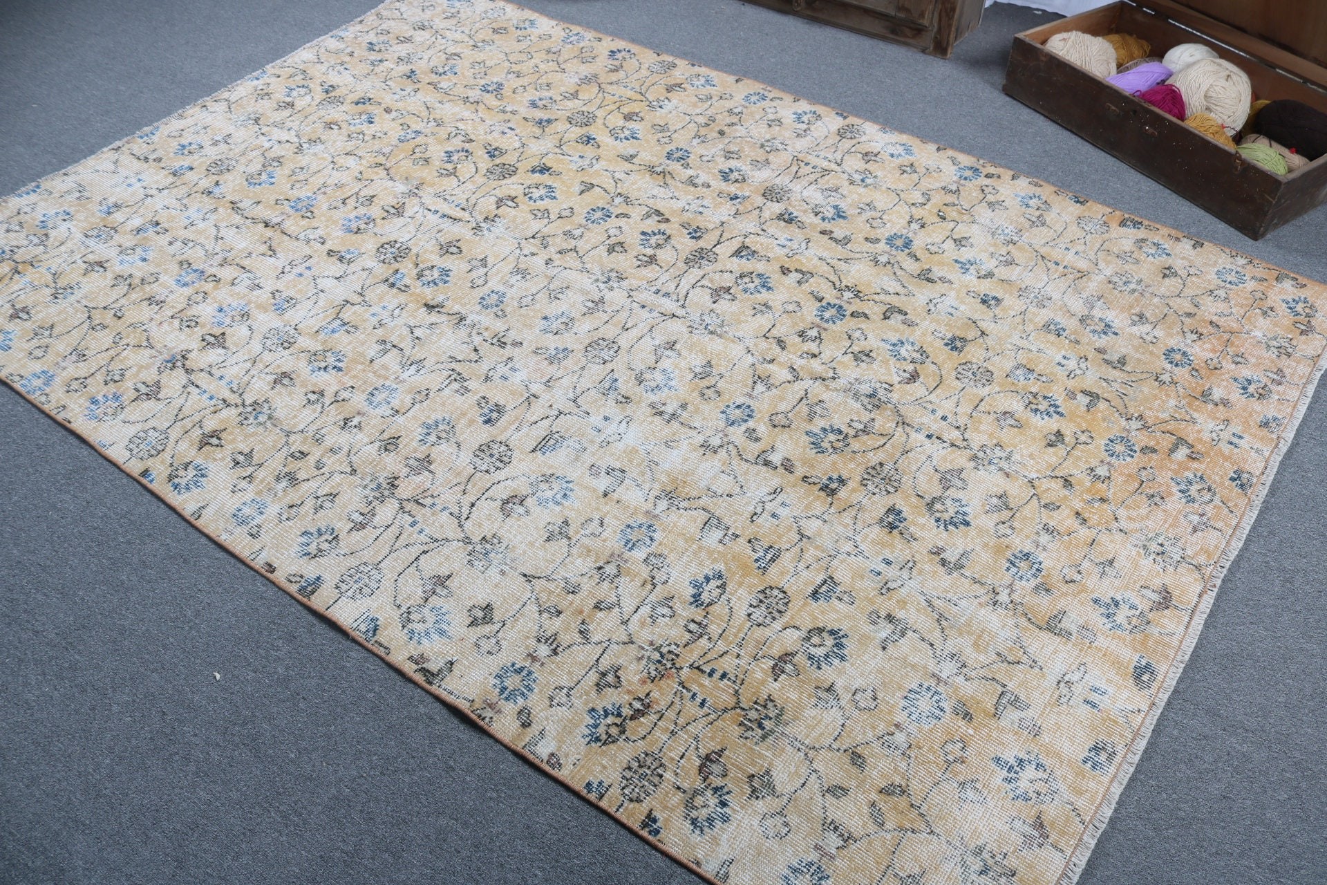 Vintage Halılar, Harika Halılar, Sarı Ev Dekor Halısı, 5.5x8.1 ft Büyük Halı, Türk Halısı, Yemek Odası Halısı, Ev Dekor Halıları, Büyük Vintage Halı