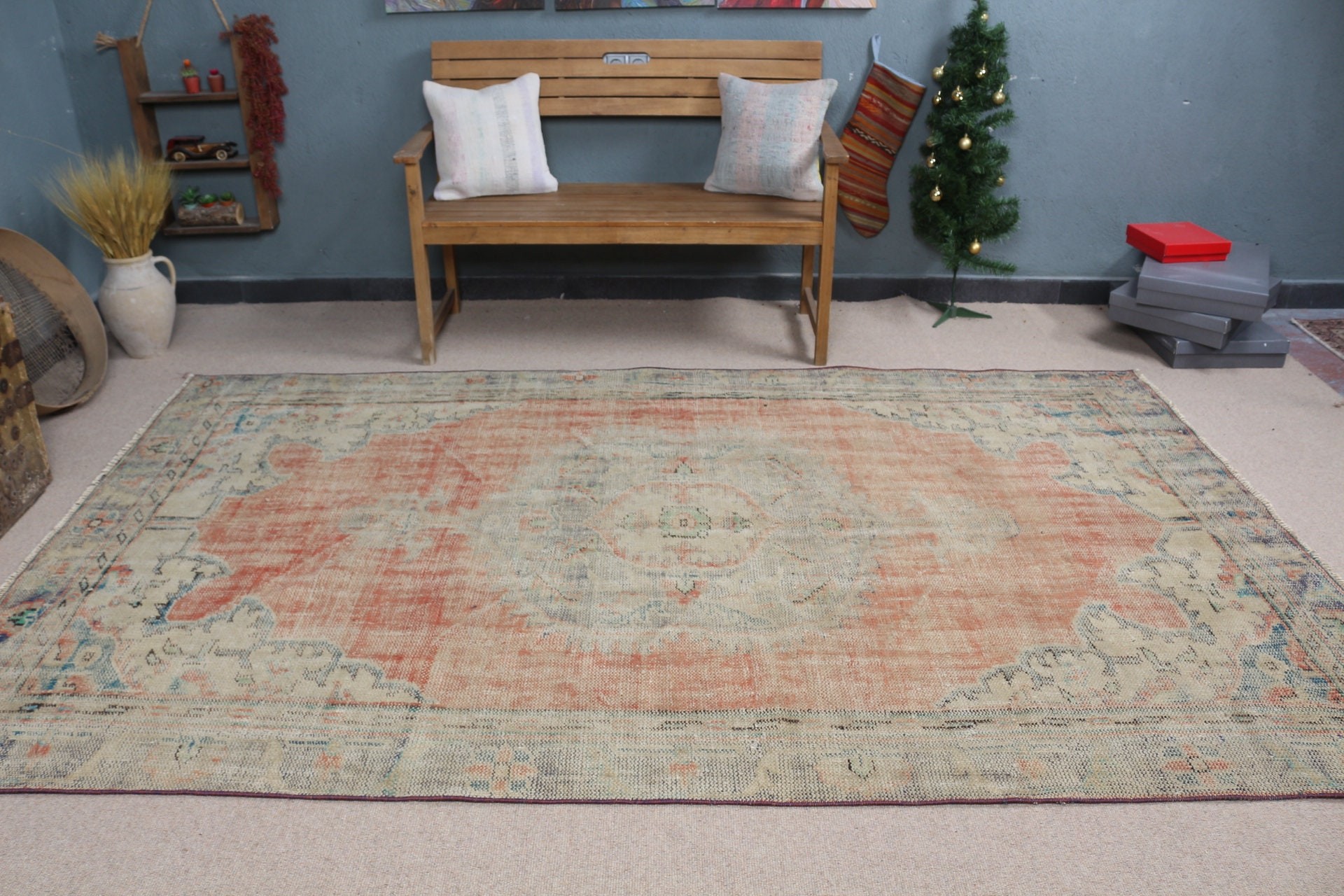 Dining Room Rug, Turkish Rug, 5.8x9.5 ft Large Rug, Orange Oushak Rug, Art Rug, Bedroom Rug, Retro Rug, Salon Rug, Vintage Rugs, Floor Rug