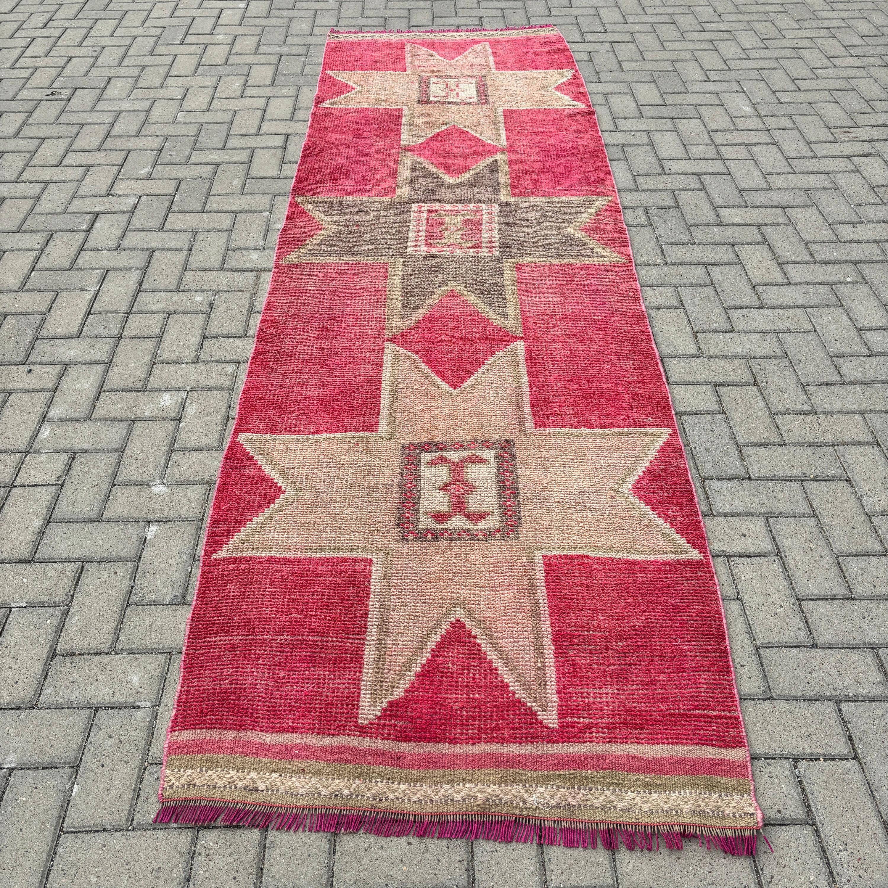 Corridor Rugs, Geometric Rug, Turkish Rug, Vintage Rug, 3.3x10.7 ft Runner Rugs, Pink Kitchen Rug, Beni Ourain Runner Rugs