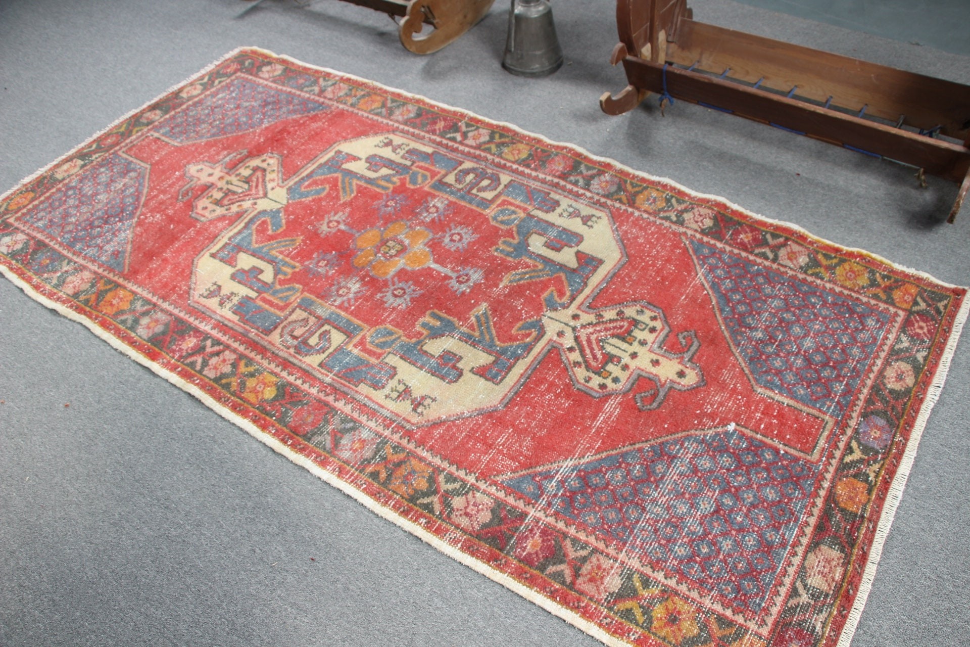 Indoor Rug, Oriental Rug, Floor Rug, Rugs for Kitchen, Vintage Rug, Turkish Rug, Moroccan Rug, Pale Rugs, 4x8.2 ft Area Rug, Red Cool Rug