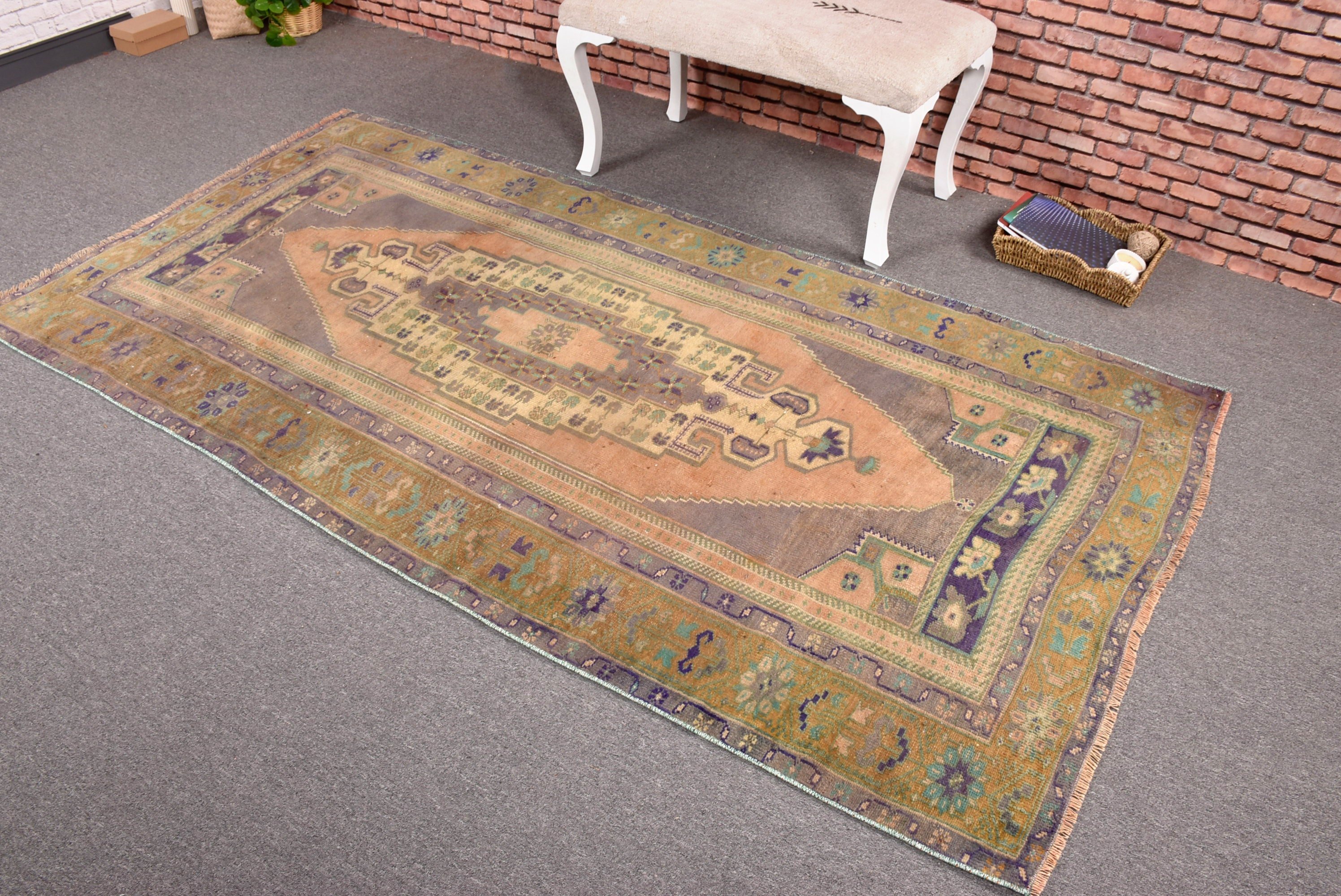 Oushak Bölge Halıları, Vintage Halı, 4,1x8 ft Alan Halısı, Boho Bölge Halıları, Türk Halıları, El Dokuma Halılar, Modern Halılar, Bildiri Halısı, Yeşil Boho Halı