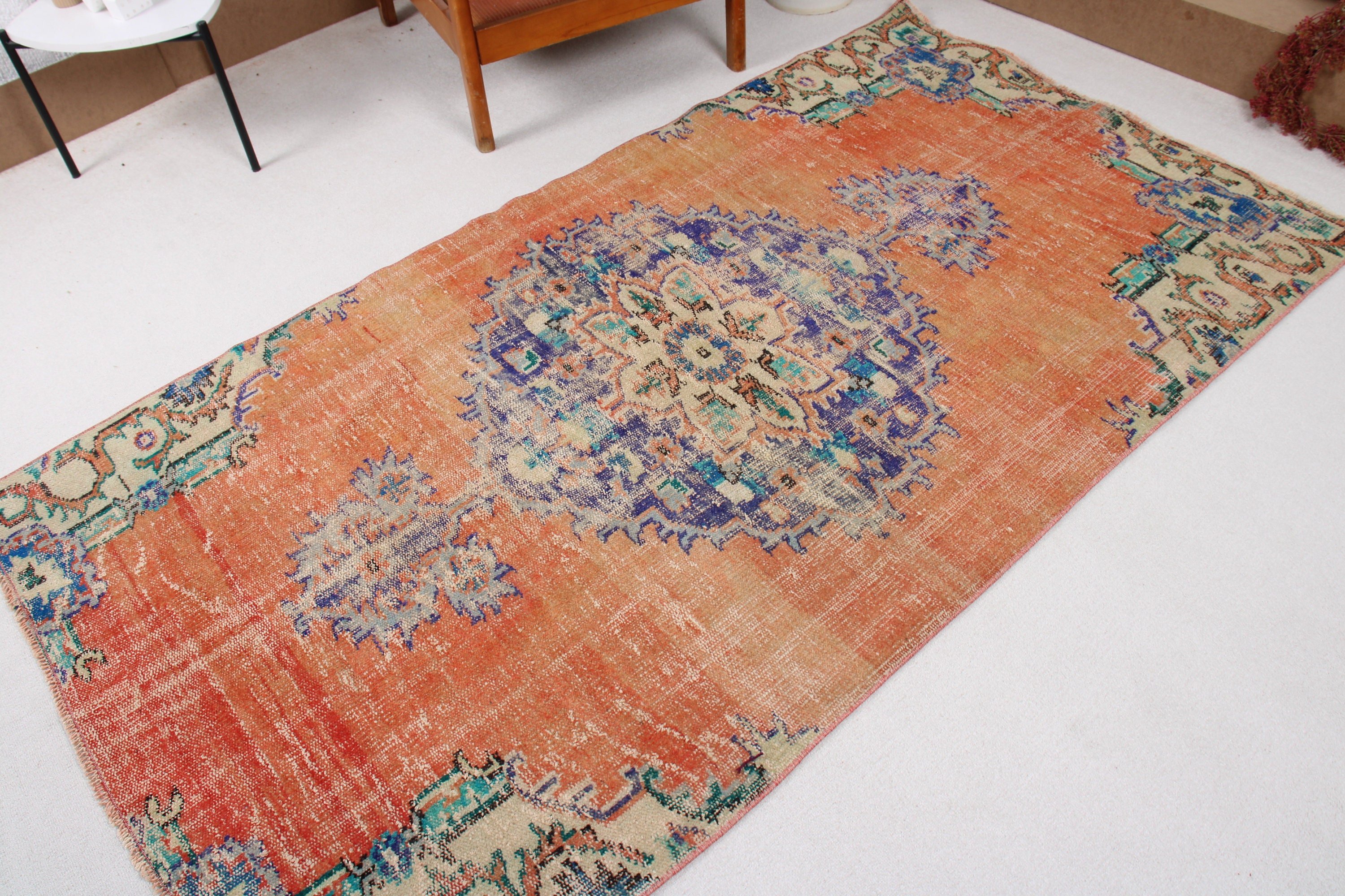 Wool Rug, Oushak Area Rugs, 4.2x7.4 ft Area Rugs, Kitchen Rug, Orange Home Decor Rug, Vintage Rugs, Bohemian Rug, Turkish Rugs, Floor Rug