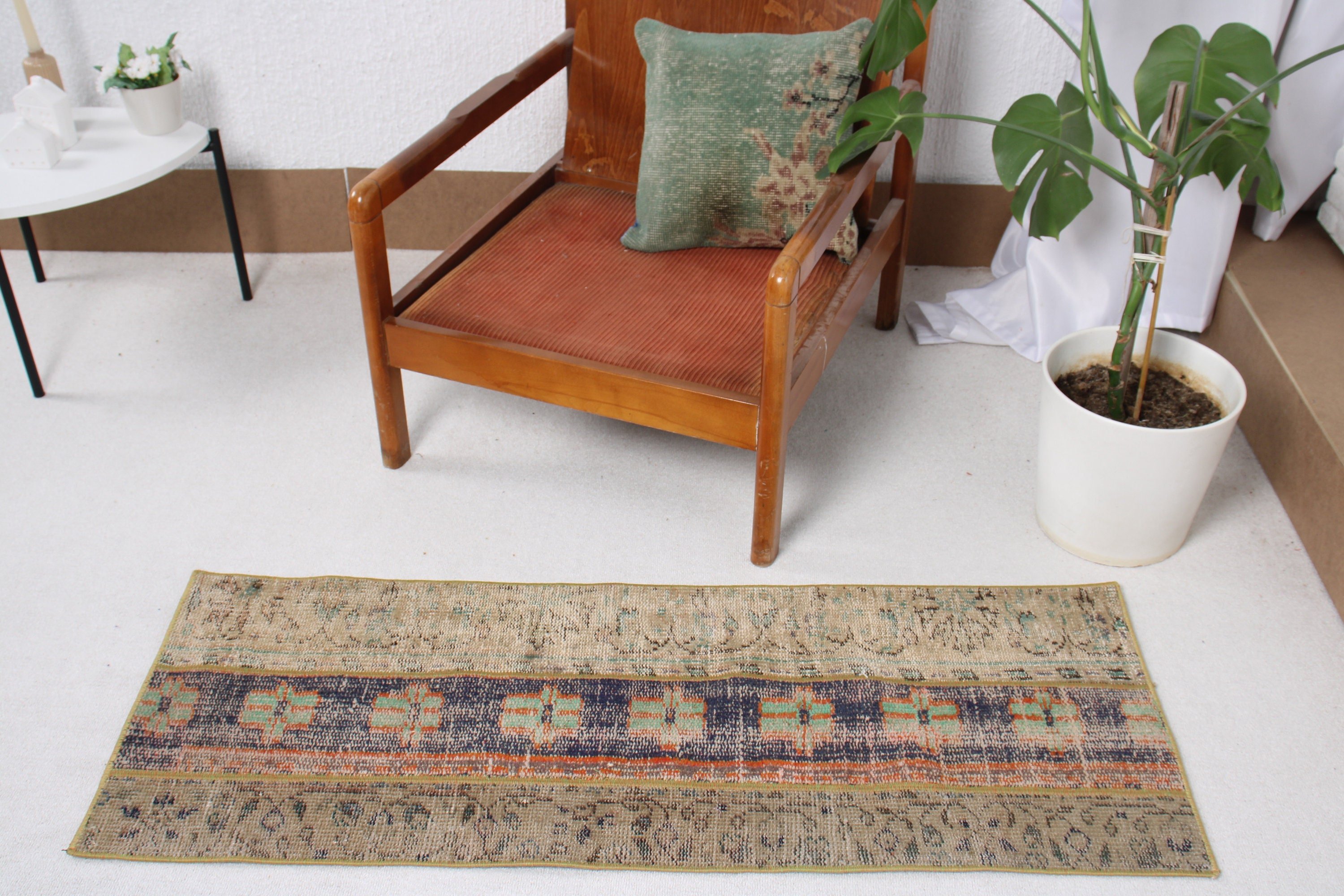 1.6x4.4 ft Küçük Halı, Yeşil Modern Halı, Vintage Halı, Türk Halıları, Küçük Boho Halıları, Modern Halılar, Küçük Vintage Halılar, Açıklama Halıları