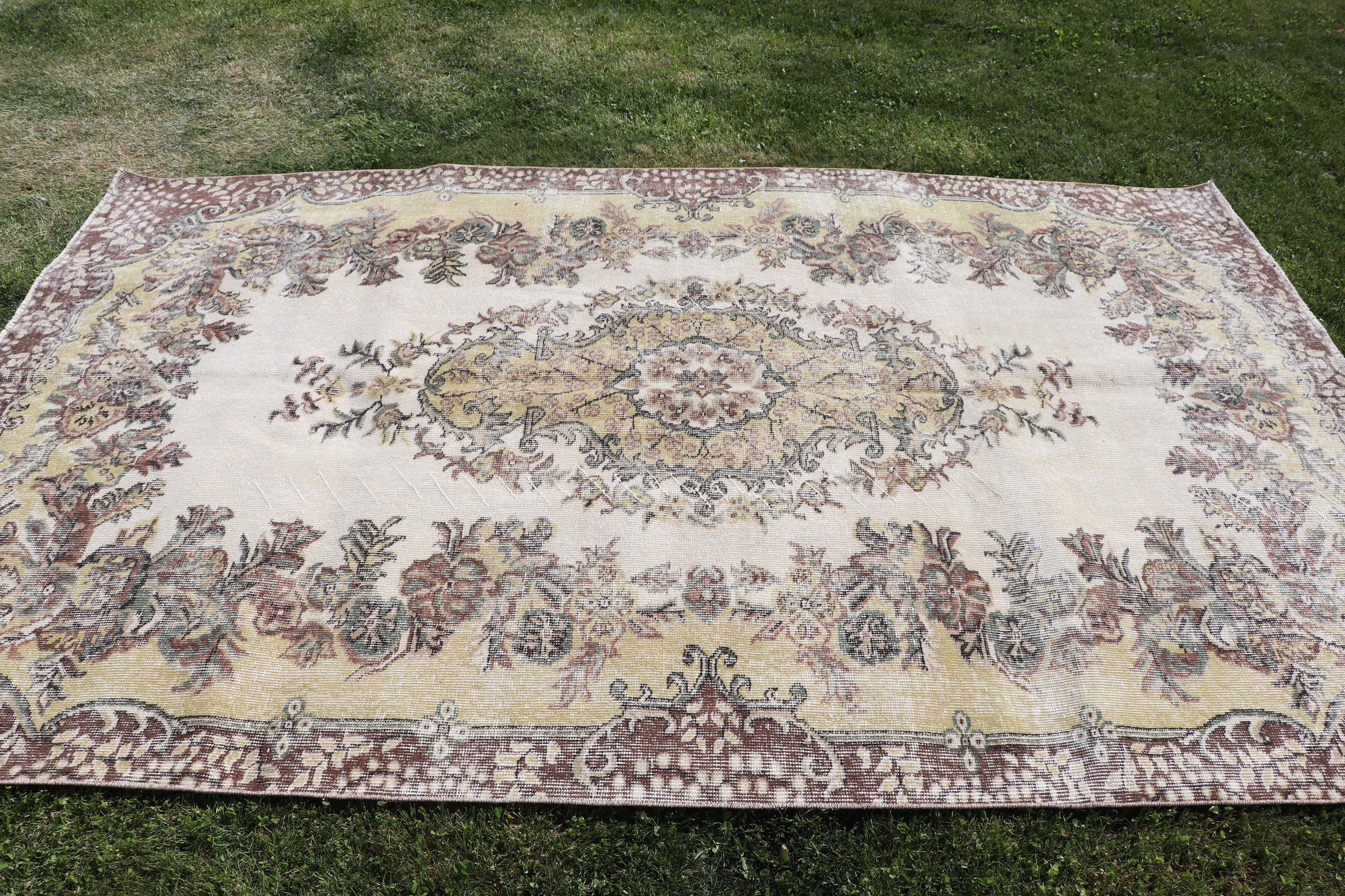 Oushak Halıları, 5.5x8.8 ft Büyük Halı, Vintage Halı, Türk Halıları, Egzotik Halılar, Salon Halısı, Bej Anadolu Halısı, Geometrik Halılar, Yemek Odası Halısı