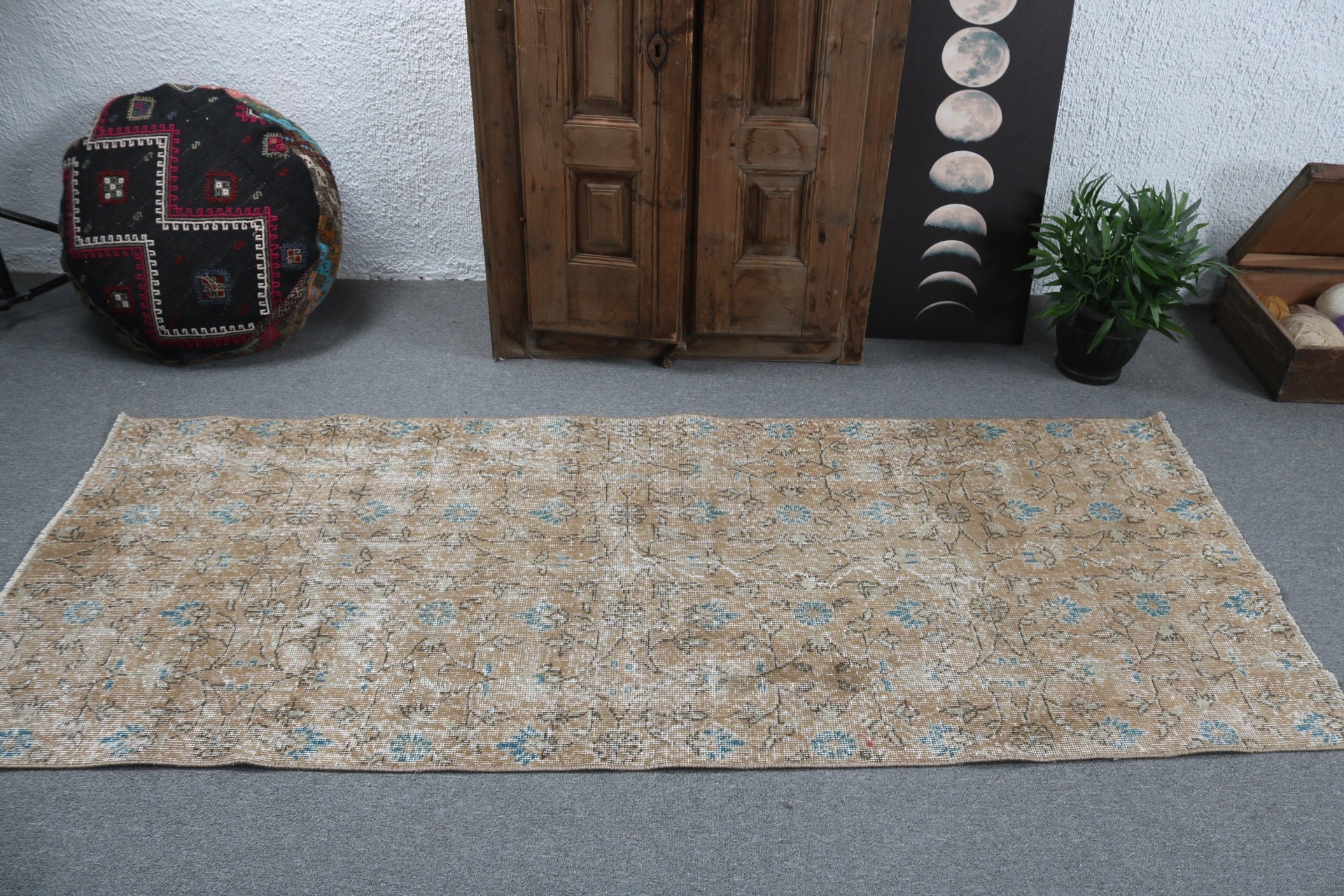 Vintage Halılar, Modern Halılar, 3,1x7,5 ft Accent Halılar, Türk Halısı, Mutfak Halıları, Kahverengi Oushak Halı, Vintage Accent Halı, Anadolu Halıları