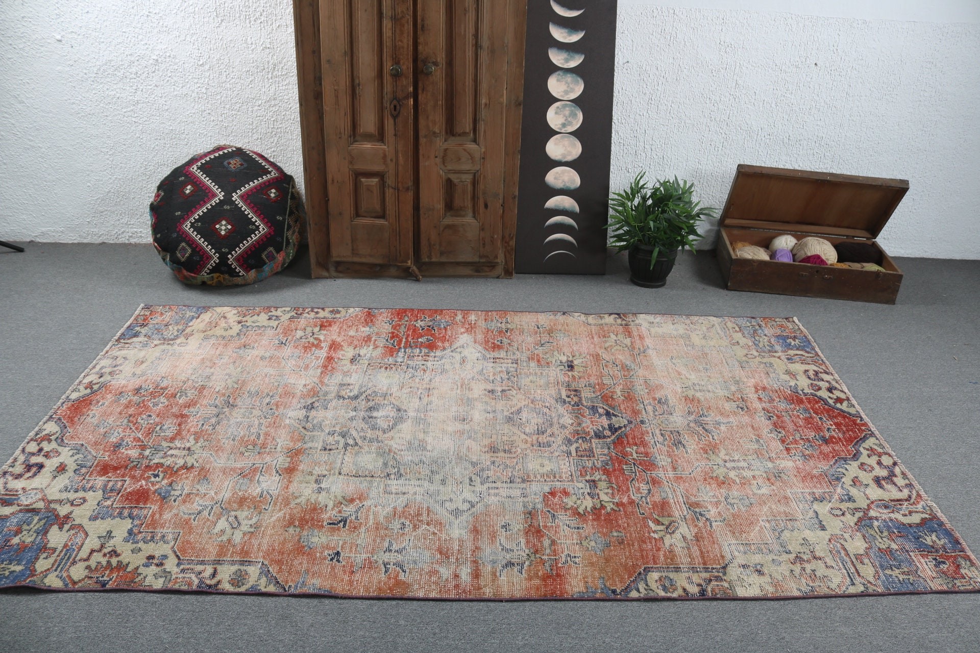 Red Moroccan Rug, Floor Rug, Turkish Rug, Neutral Rugs, Vintage Rug, Kitchen Rugs, Large Oushak Rugs, 5x8.5 ft Large Rug, Bedroom Rugs