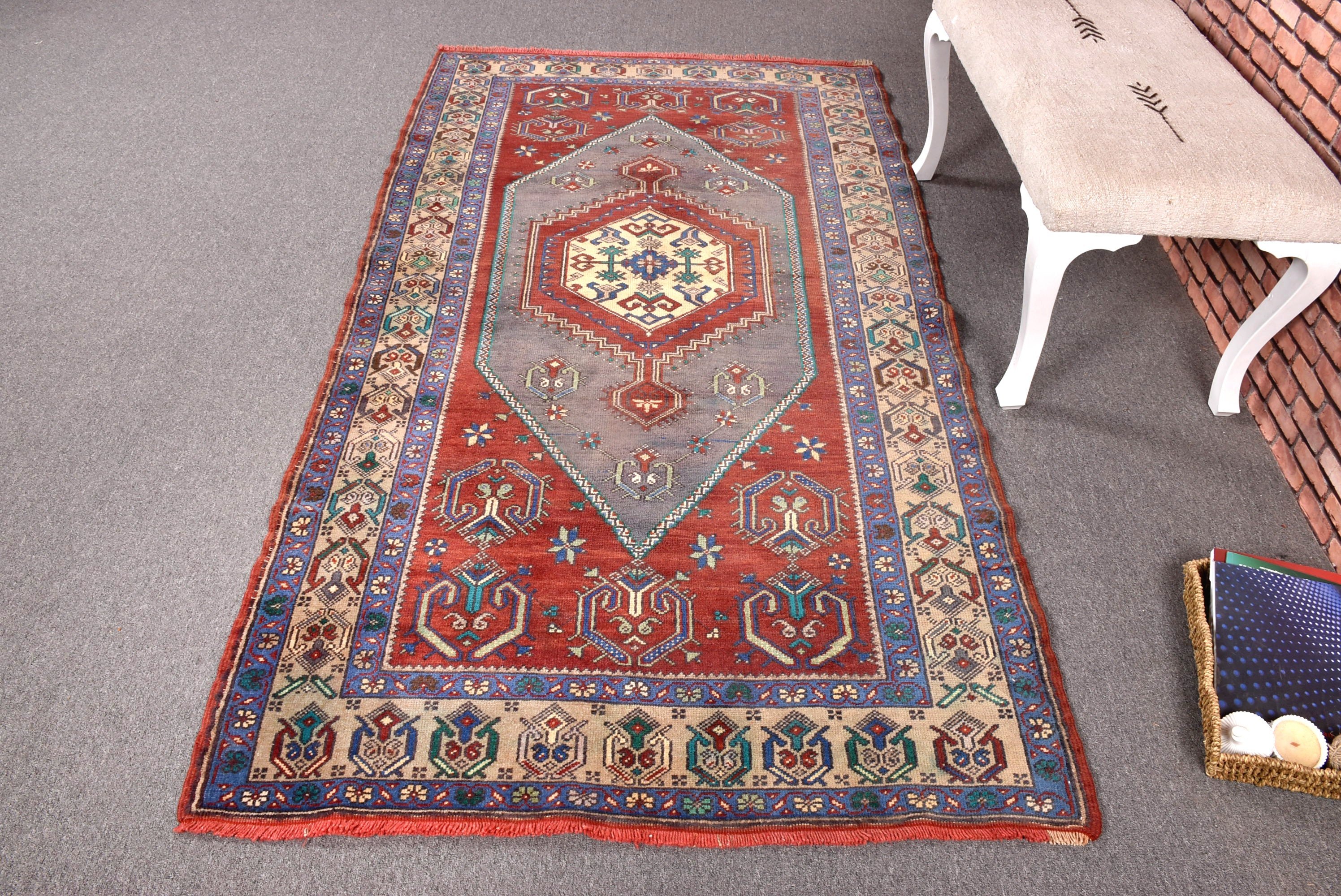 Red Oushak Rugs, Vintage Rugs, Turkish Rugs, 3.9x7.4 ft Area Rugs, Boho Rug, Boho Area Rugs, Ethnic Rug, Kitchen Rug, Rugs for Vintage Area