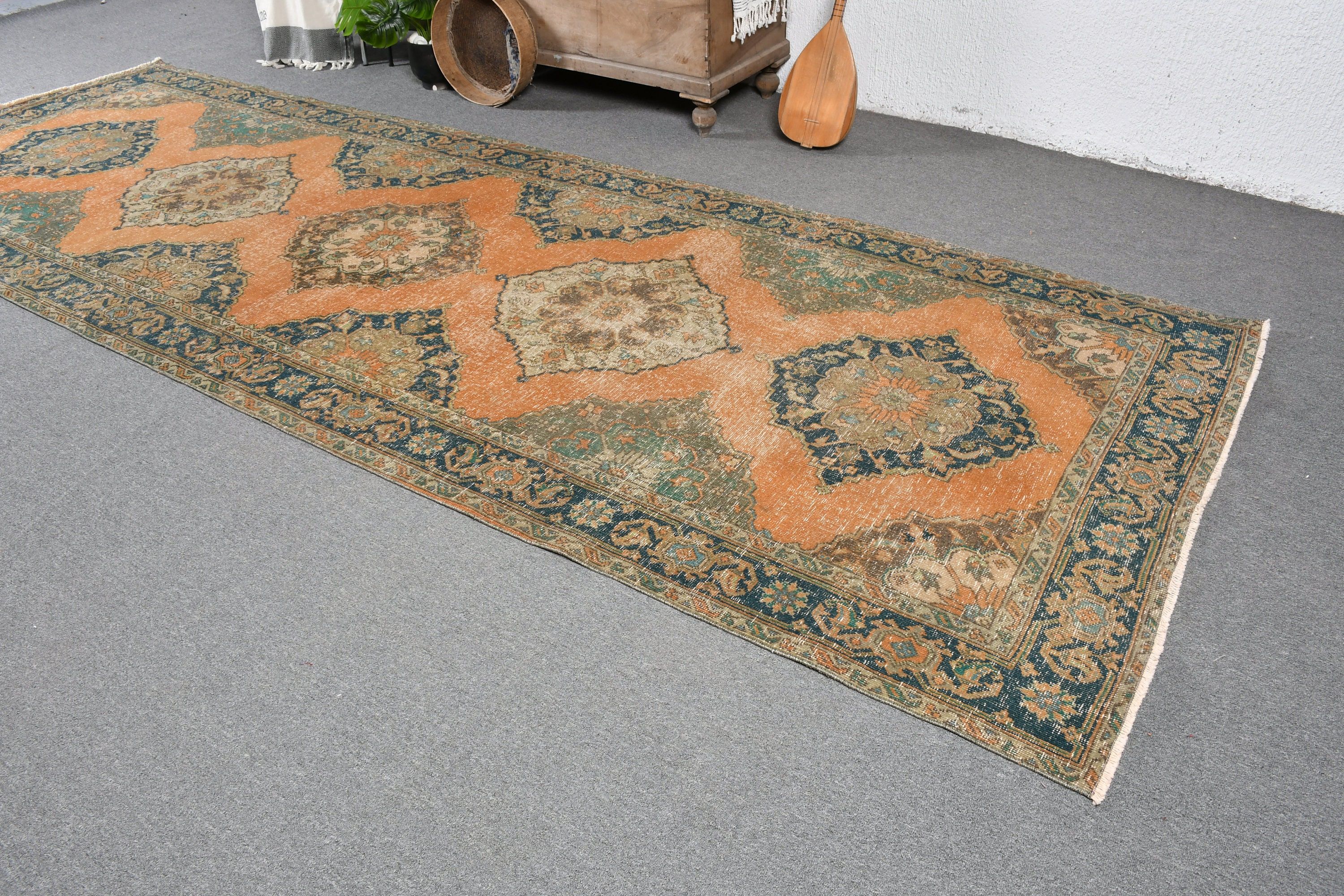 4.7x12.9 ft Runner Rugs, Vintage Rug, Corridor Rugs, Orange Floor Rug, Muted Rug, Turkish Rug, Hallway Rug, Oushak Rug