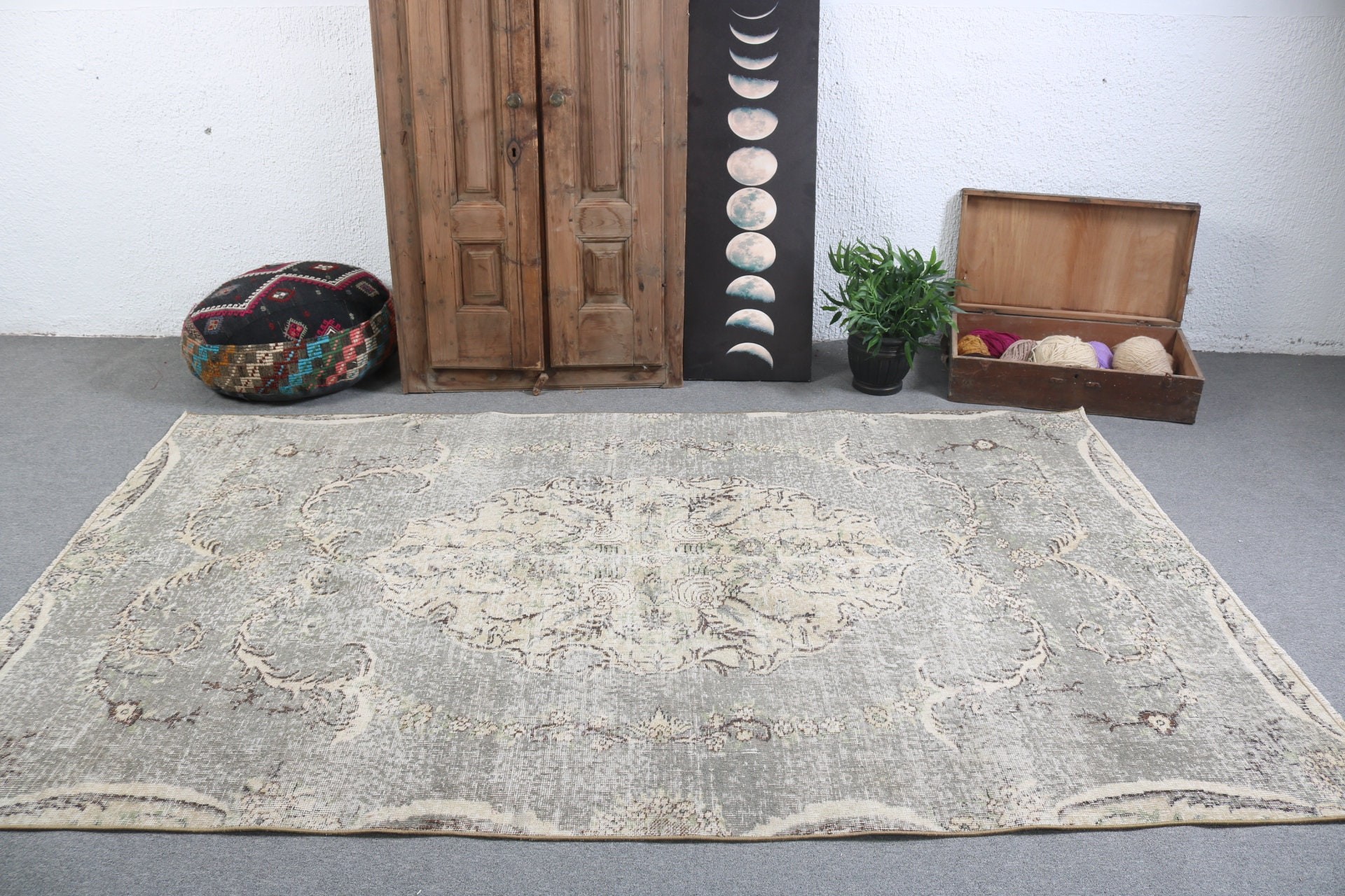 Açıklama Halısı, Mutfak Halısı, 5.4x8.8 ft Büyük Halı, Yatak Odası Halıları, Salon Halıları, Vintage Dekor Halısı, Türk Halısı, Vintage Halılar, Gri Boho Halıları