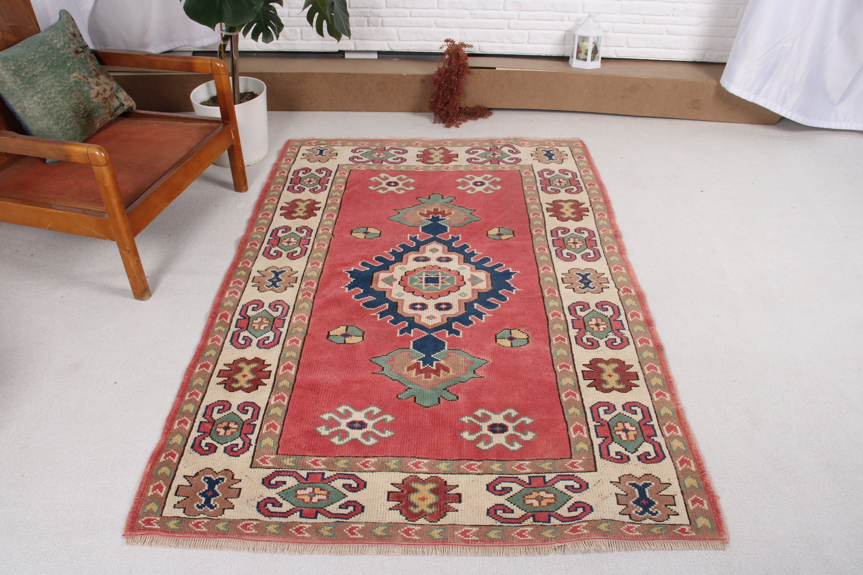 Oturma Odası Halıları, Boho Alanı Halıları, Vintage Halı, Yer Halısı, 4,2x5,8 ft Alan Halısı, Oryantal Halı, Türk Halısı, Kırmızı El Dokuma Halılar