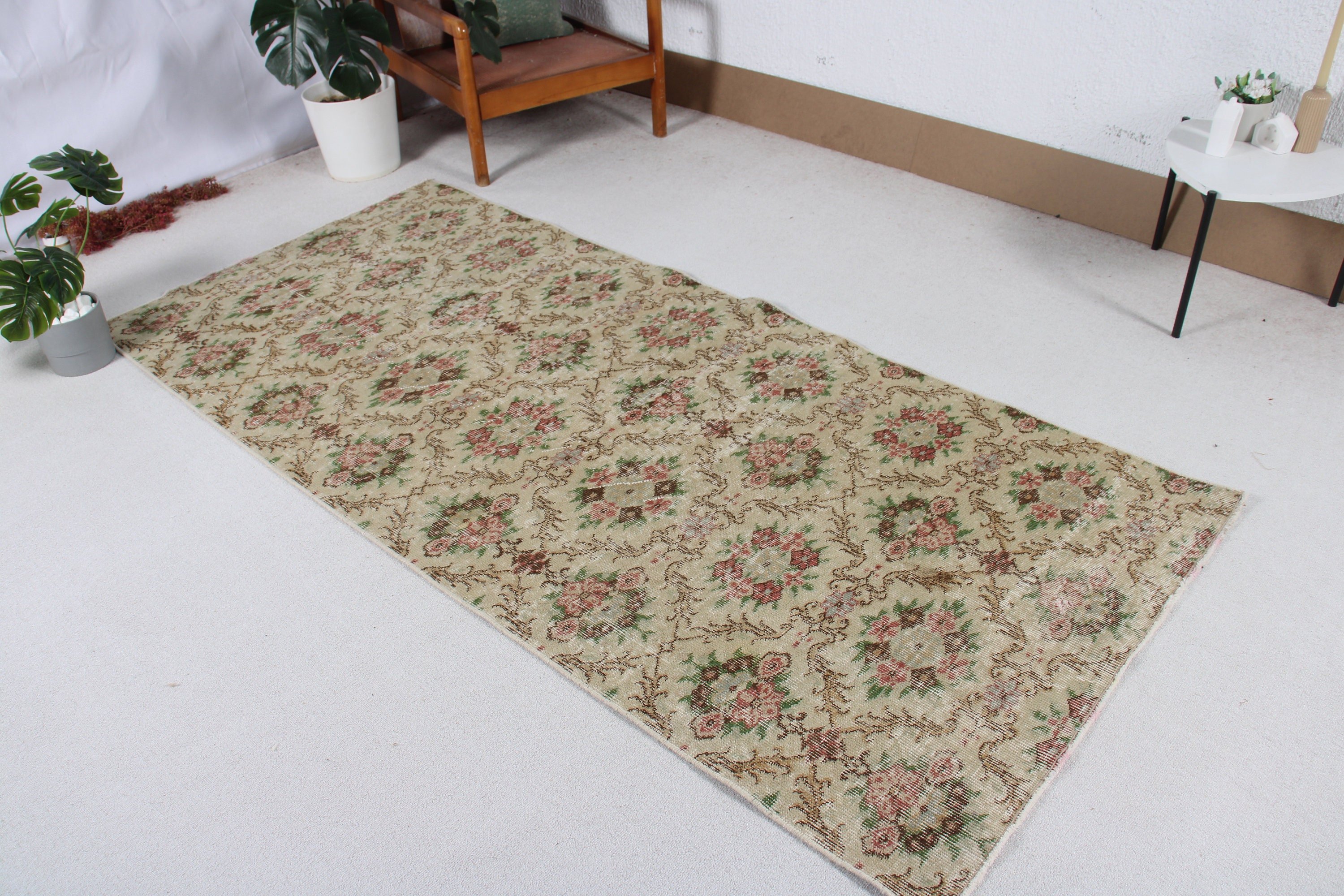 Vintage Rug, Turkish Rug, Beige  3.6x7.9 ft Area Rugs, Kitchen Rug, Handwoven Rug, Geometric Rugs, Floor Rug