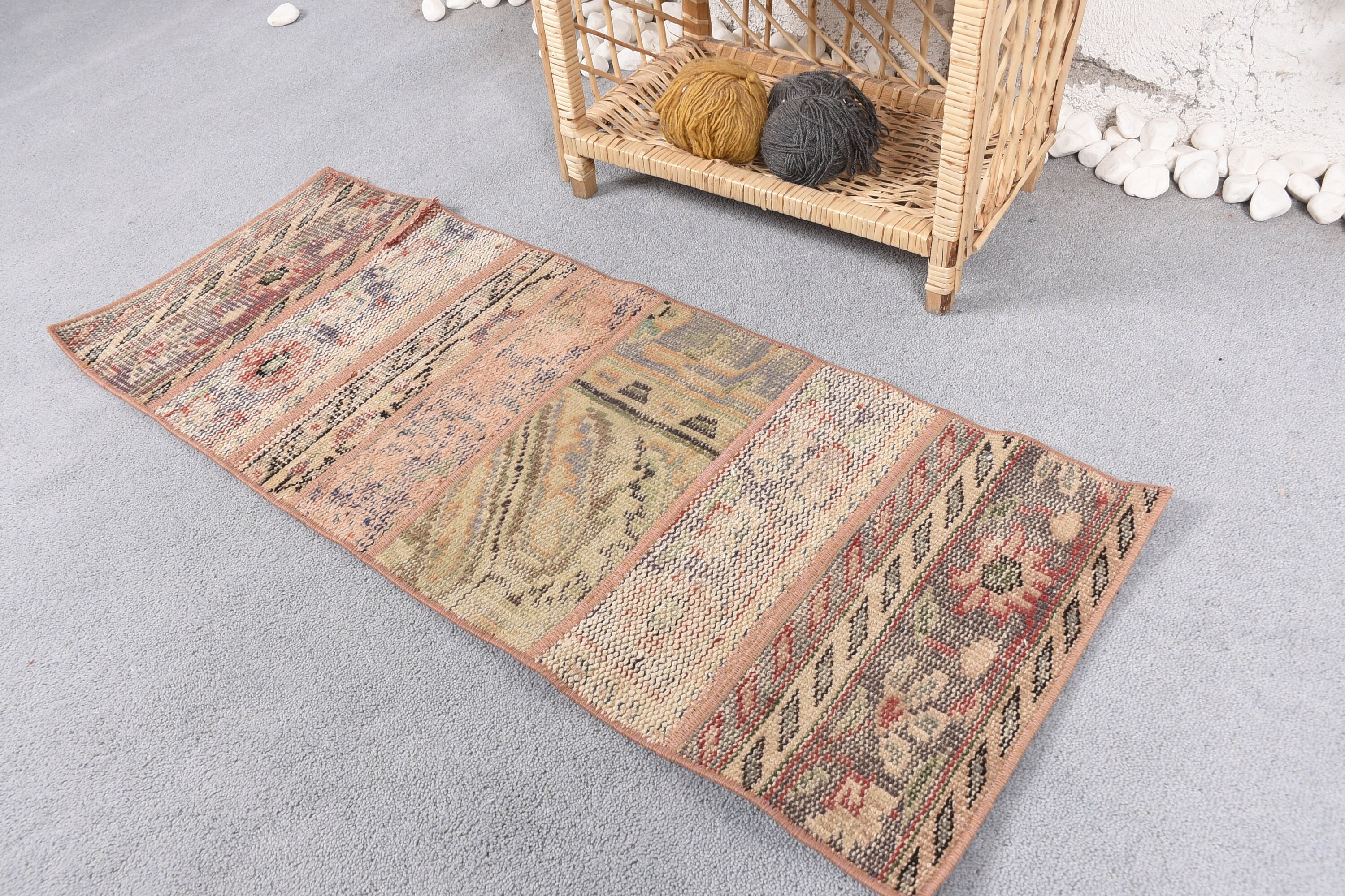 Bedroom Rugs, 1.4x3.5 ft Small Rug, Aesthetic Rugs, Vintage Rug, Car Mat Rug, Turkish Rug, Beige Wool Rug, Bathroom Rugs