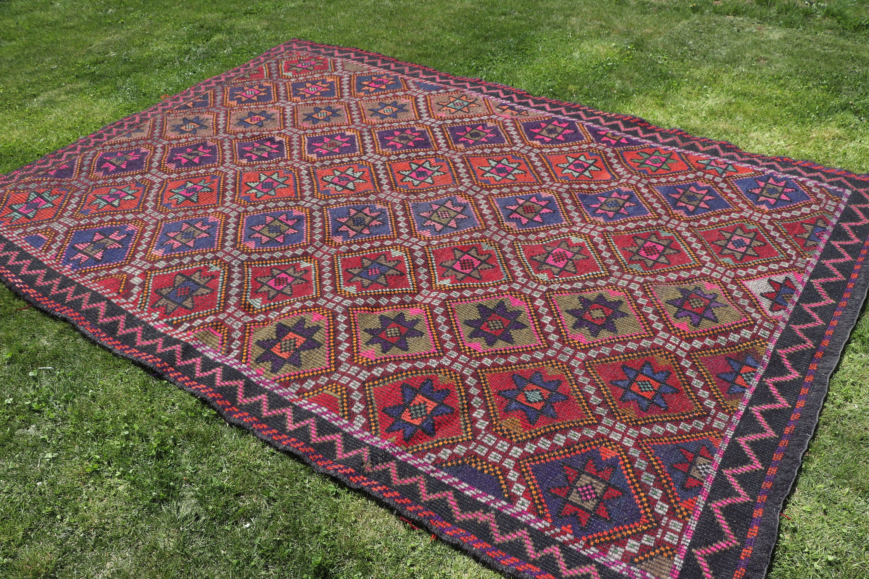 Büyük Vintage Halılar, Antika Halı, Yün Halılar, 6.6x9.6 ft Büyük Halı, Büyük Oushak Halıları, Türk Halıları, Siyah Açıklama Halısı, Vintage Halı, Kilim