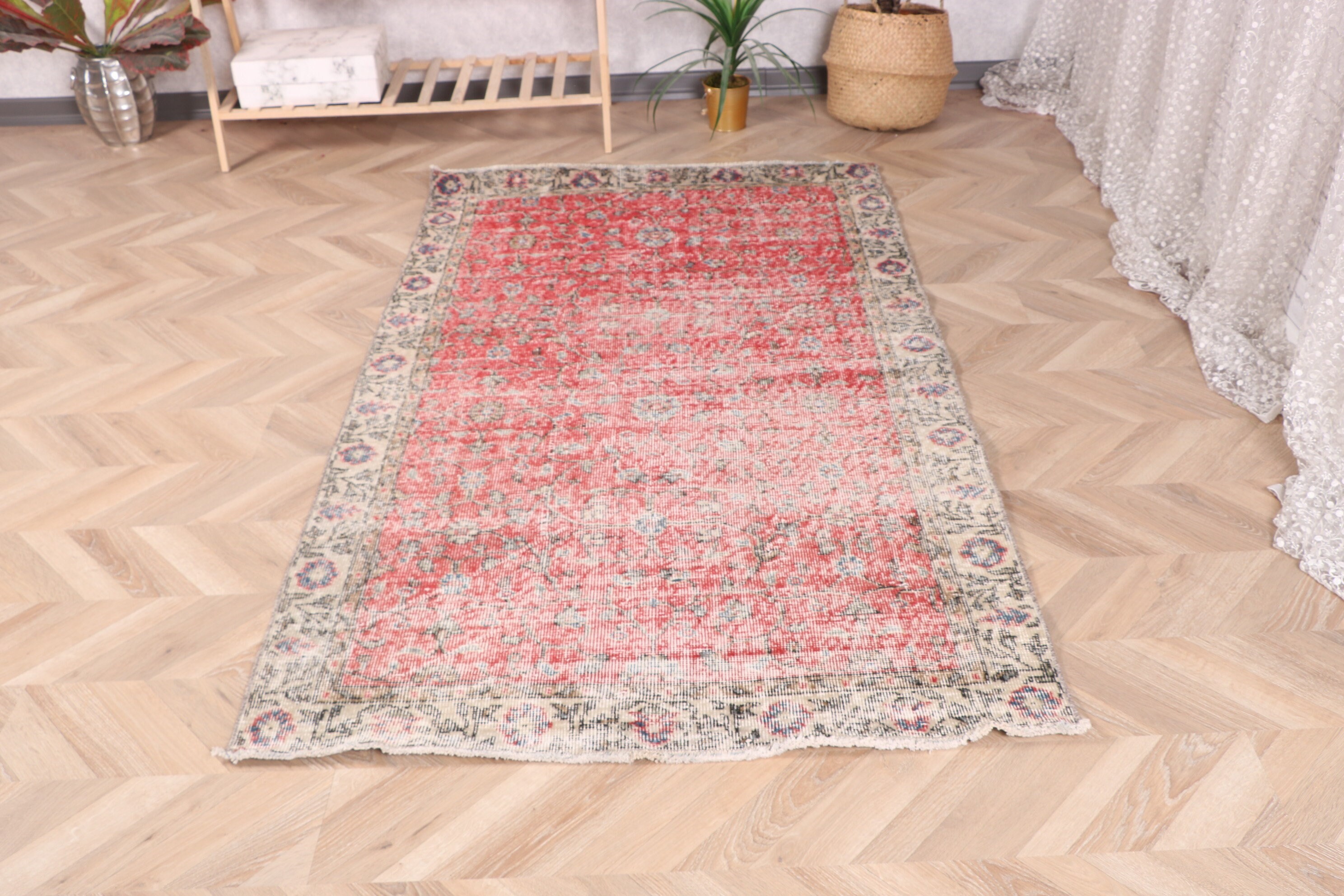 Vintage Rug, Rugs for Bedroom, Red Floor Rugs, 3.7x6.6 ft Area Rugs, Antique Rugs, Wool Rug, Living Room Rugs, Turkish Rug, Nursery Rugs