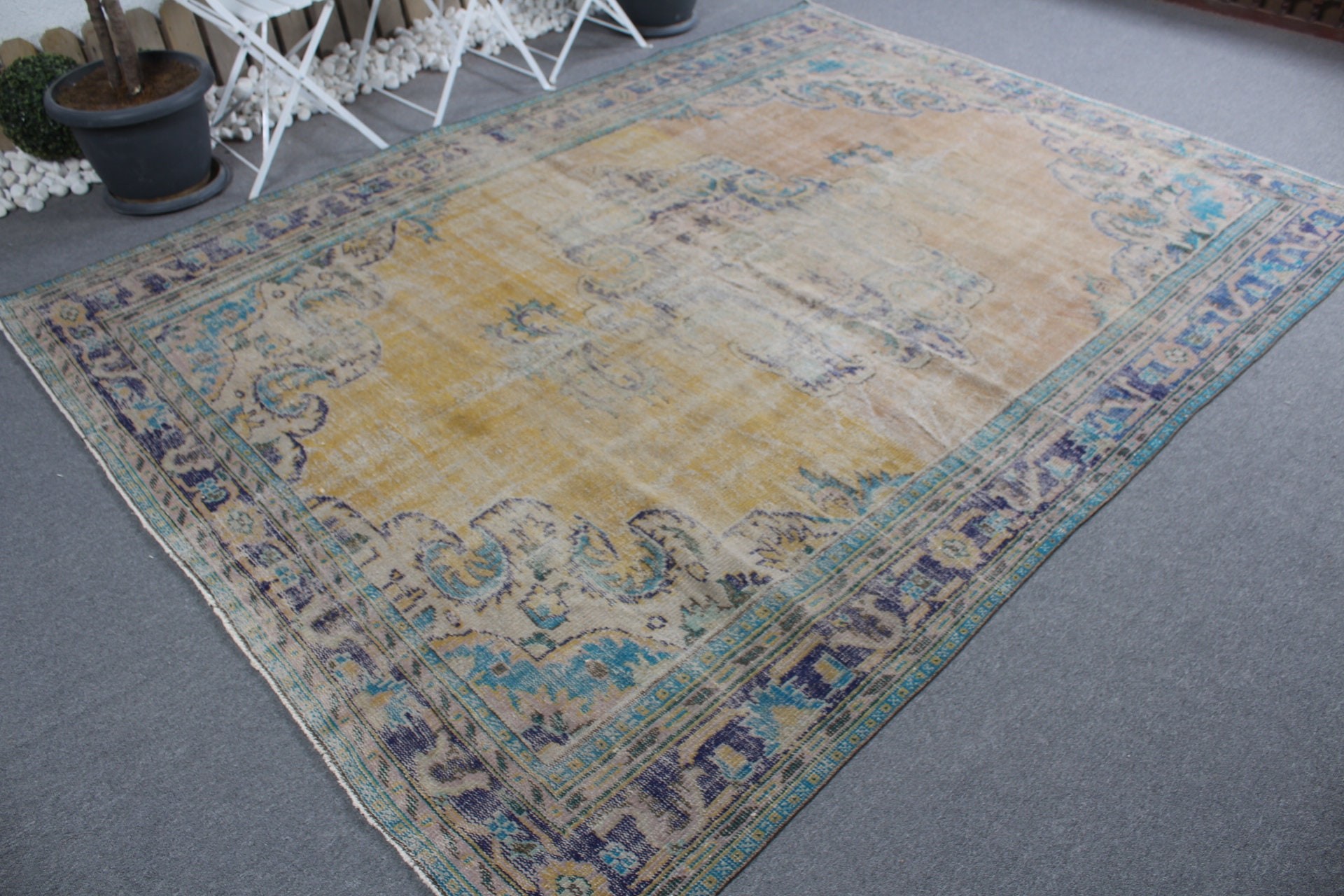 6.9x9.4 ft Büyük Halılar, Vintage Halı, Boho Halı, Oturma Odası Halısı, Sarı Yün Halı, Yer Halısı, Sanat Halısı, Yatak Odası Halısı, Türk Halısı