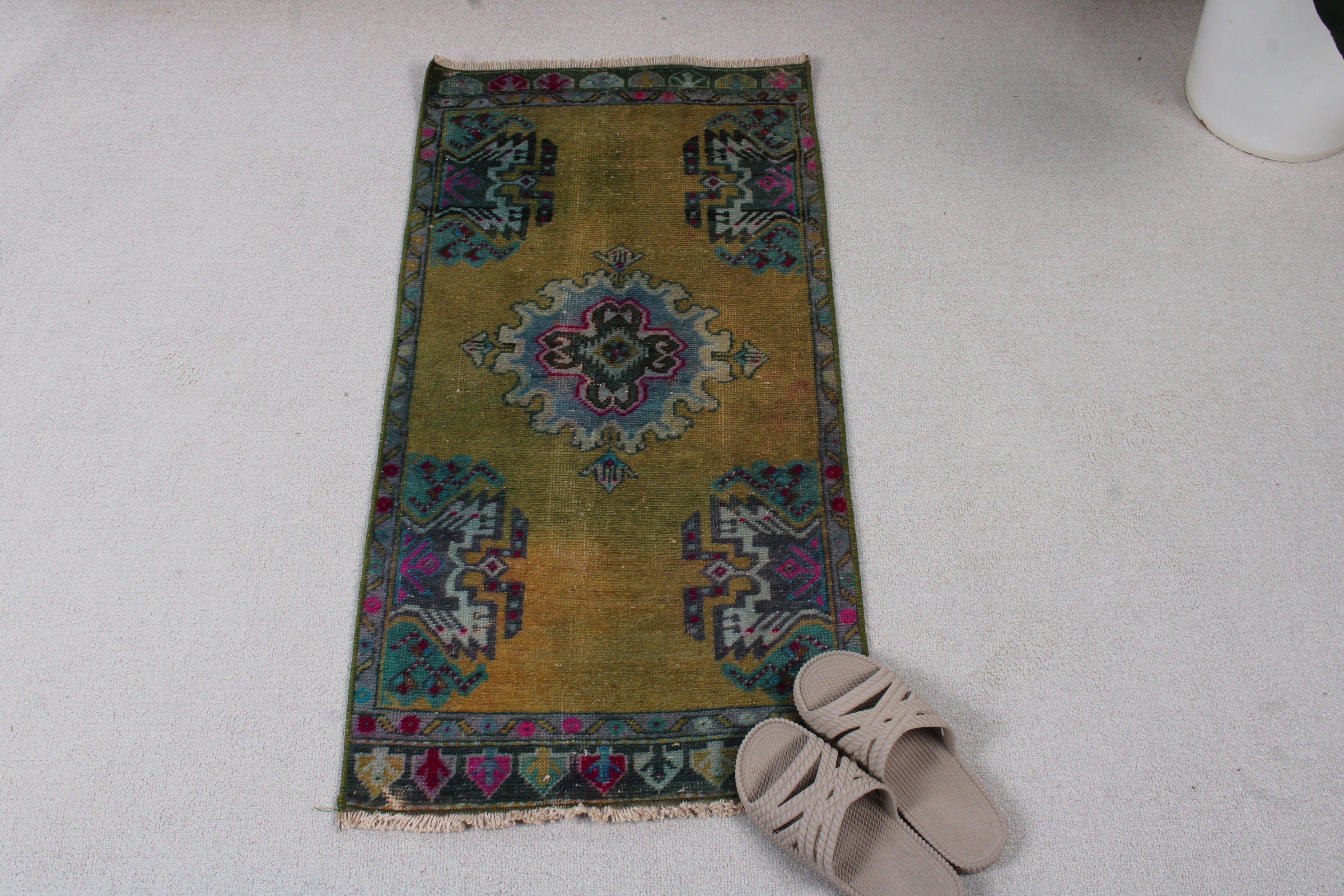 Ev Dekorasyonu Halısı, Vintage Halılar, 1.6x3.2 ft Küçük Halılar, Mutfak Halıları, Türk Halısı, Küçük Boho Halısı, Etnik Halı, Düz Dokuma Halı, Yeşil Oushak Halı