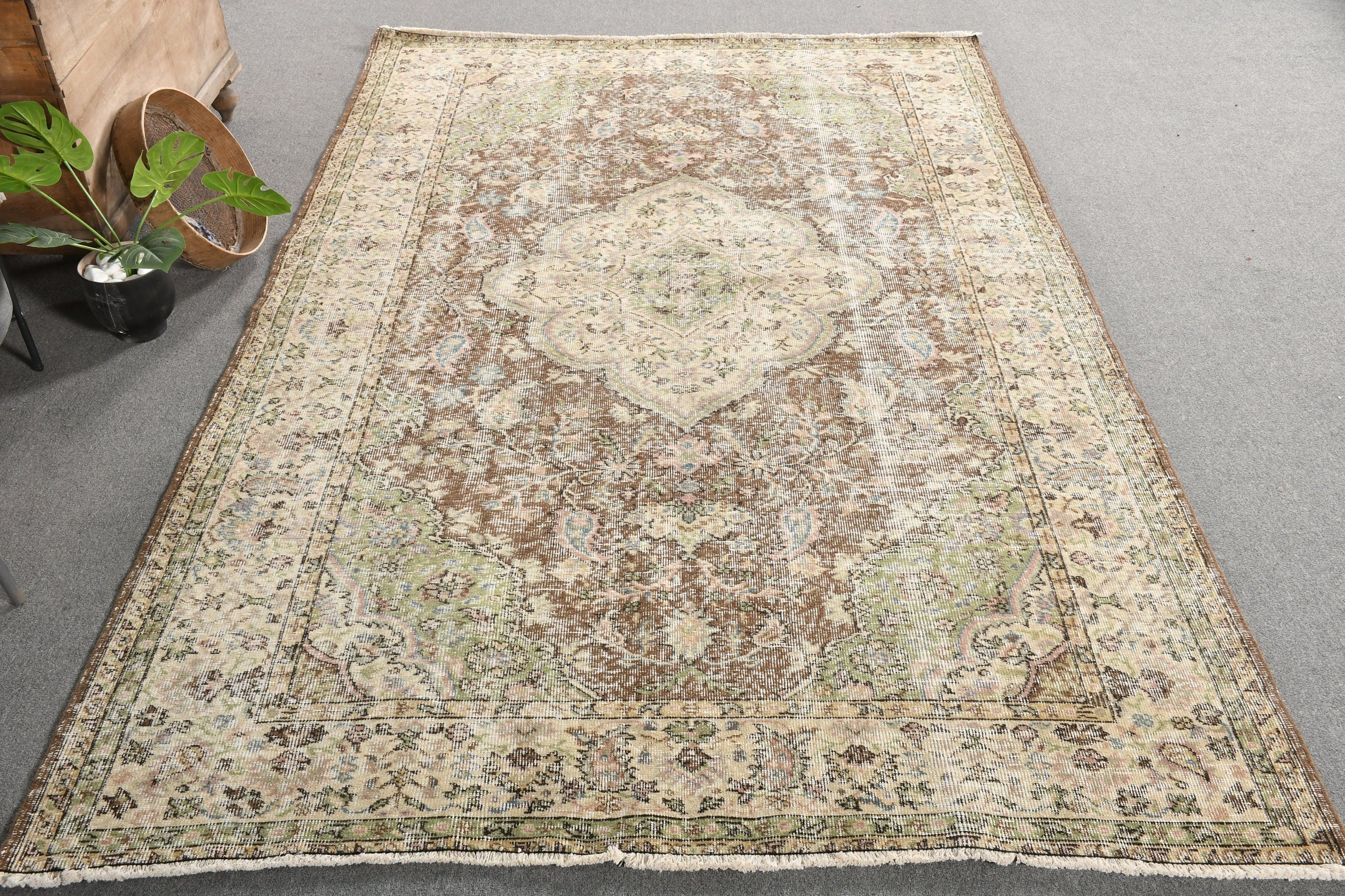 Ev Dekorasyonu Halısı, Yemek Odası Halıları, Soluk Halı, Anadolu Halısı, Salon Halısı, 6.1x9.6 ft Büyük Halılar, Vintage Halı, Kahverengi Oushak Halısı, Türk Halıları