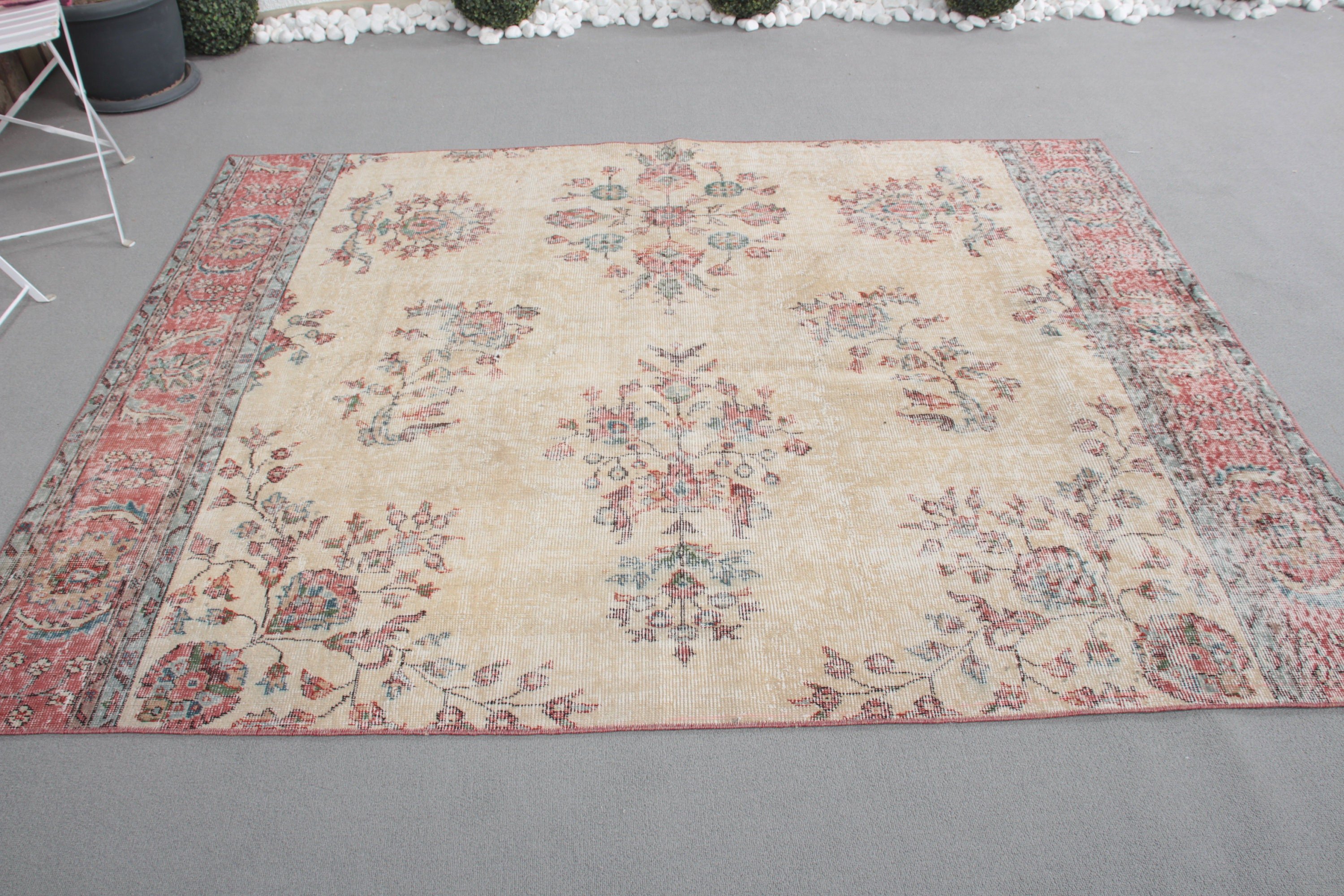 Yemek Odası Halısı, İç Mekan Halıları, Türk Halıları, 5.2x6.9 ft Alan Halısı, Vintage Halı, Oushak Halısı, Bej Anadolu Halısı, Mutfak Halısı, Dekoratif Halı