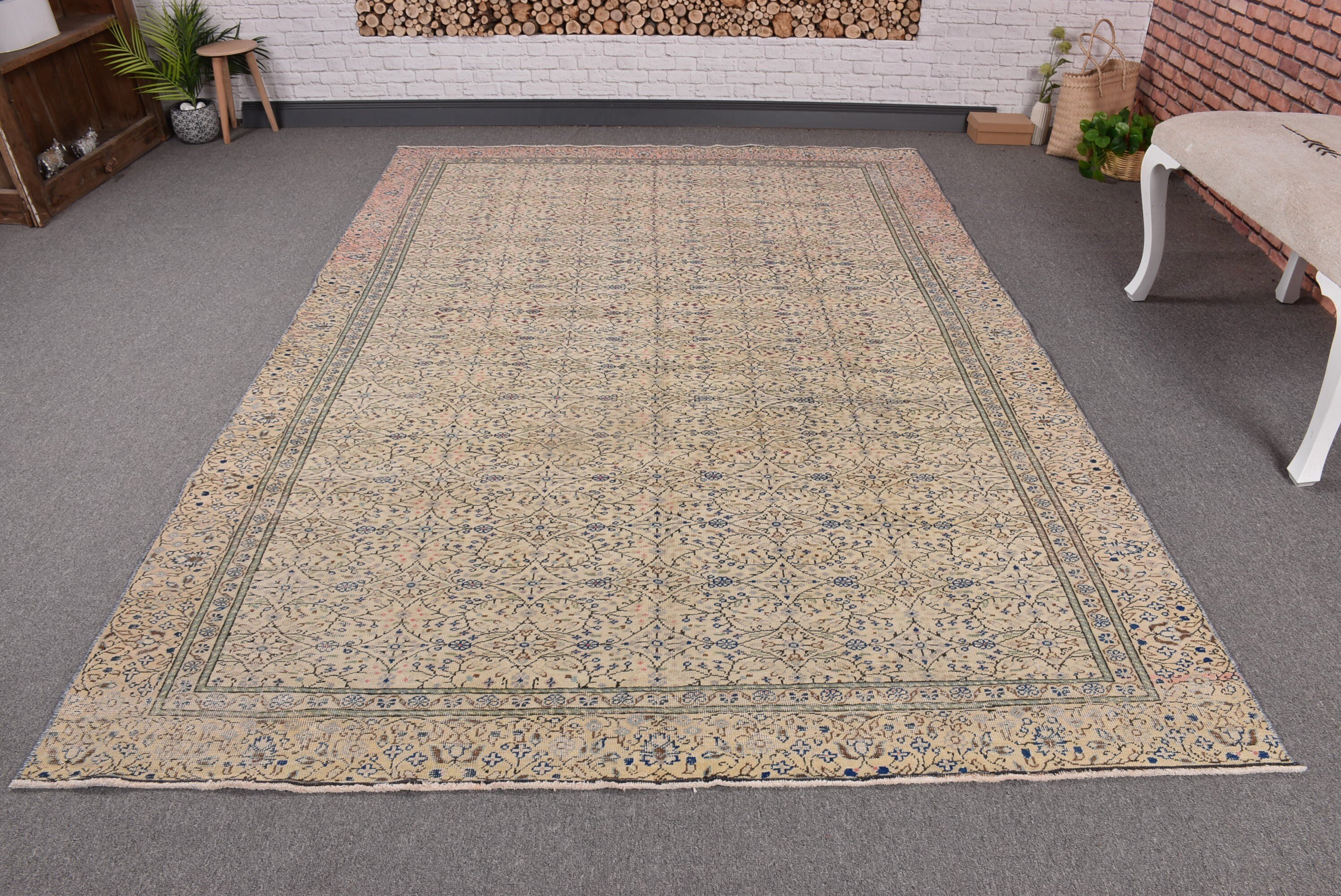 Yatak Odası Halıları, Geometrik Halı, Türk Halısı, Vintage Halılar, Bej 5.8x8.7 ft Büyük Halılar, Oryantal Halı, Büyük Vintage Halı