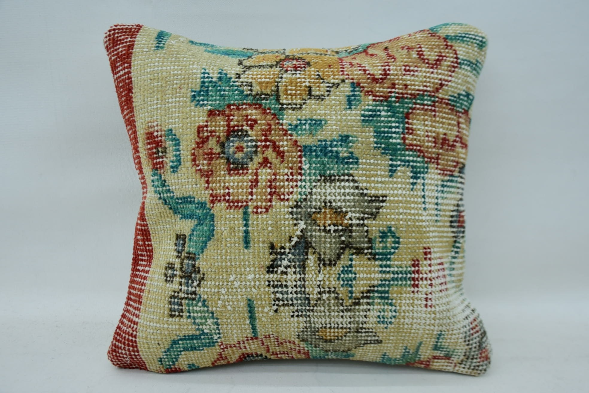 Yoga Cushion Case, Garden Cushion, Oriental Pillow Cover, 14"x14" Beige Cushion Cover, Handmade Kilim Cushion, Gift Pillow, Turkish Pillow