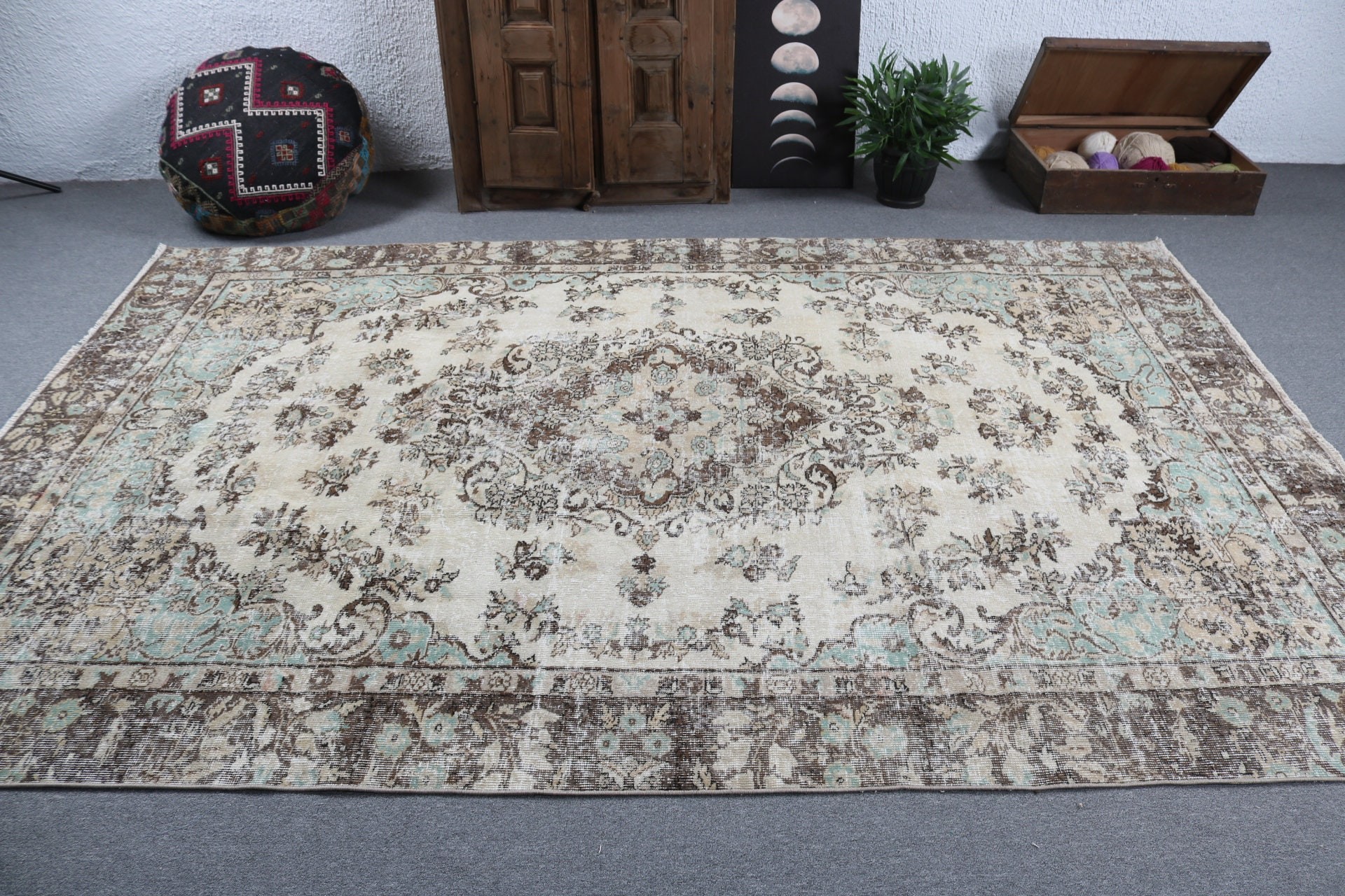 Bej Anadolu Halıları, Büyük Oushak Halısı, Türk Halısı, Boho Halısı, Yemek Odası Halıları, Mutfak Halıları, Vintage Halı, 6,5x9,7 ft Büyük Halılar, Harika Halı