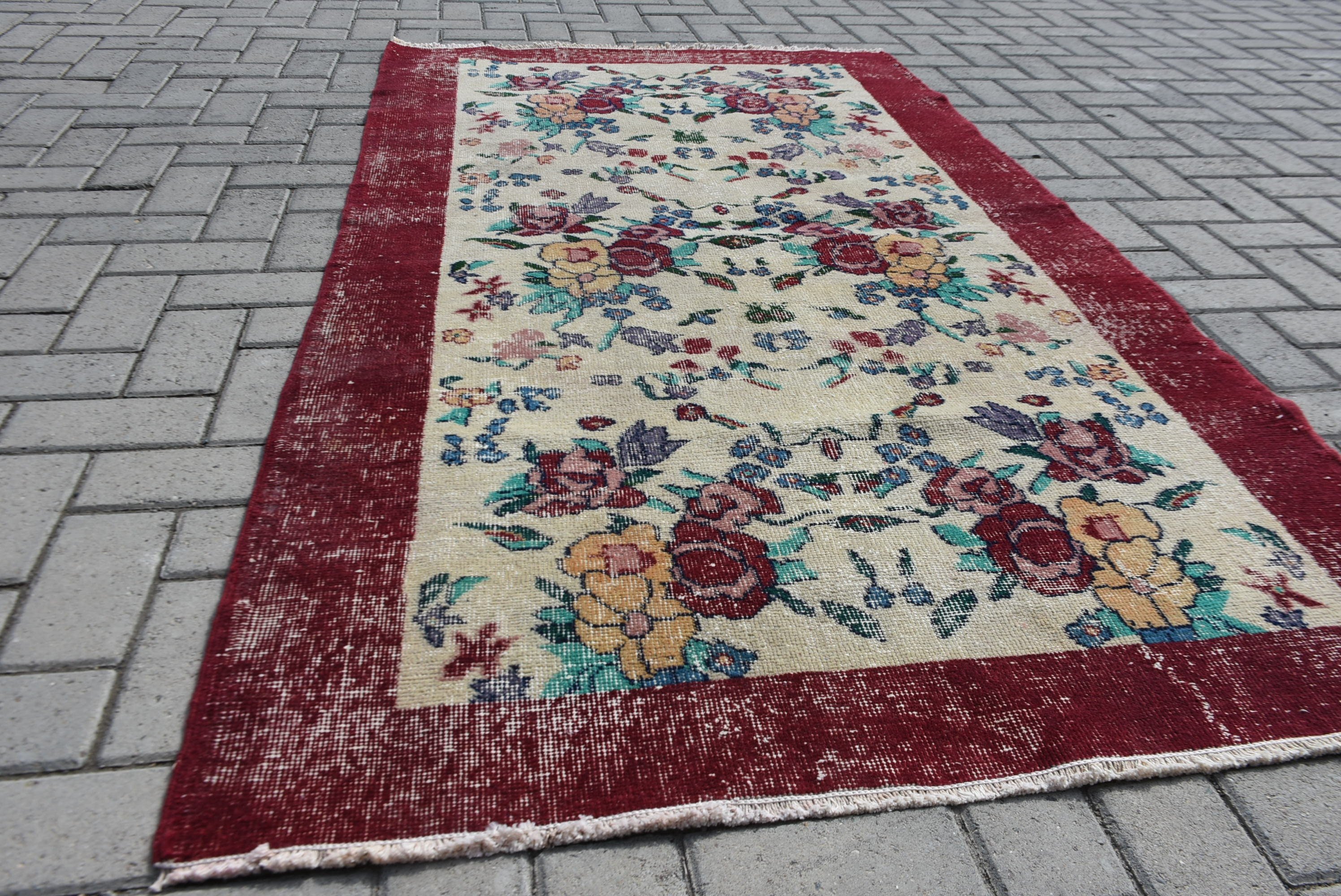 Turkish Rug, Art Rug, Antique Rug, Floor Rugs, 3.8x6.7 ft Area Rug, Wool Rugs, Rugs for Floor, Red Wool Rug, Vintage Rug, Vintage Decor Rug