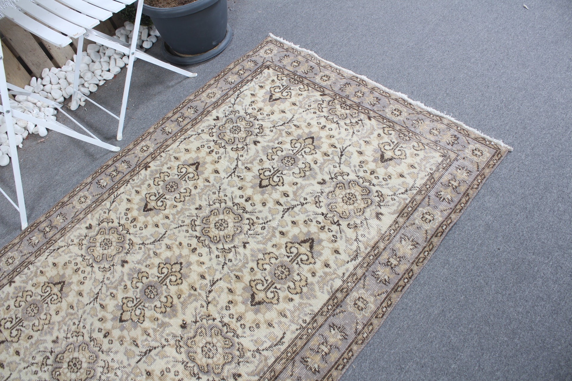 Gri Mutfak Halısı, Vintage Halı, Türk Halısı, Oushak Halısı, İç Mekan Halısı, Oryantal Halı, 3.8x6.5 ft Alan Halısı, Yatak Odası Halısı, Çocuk Odası Halıları