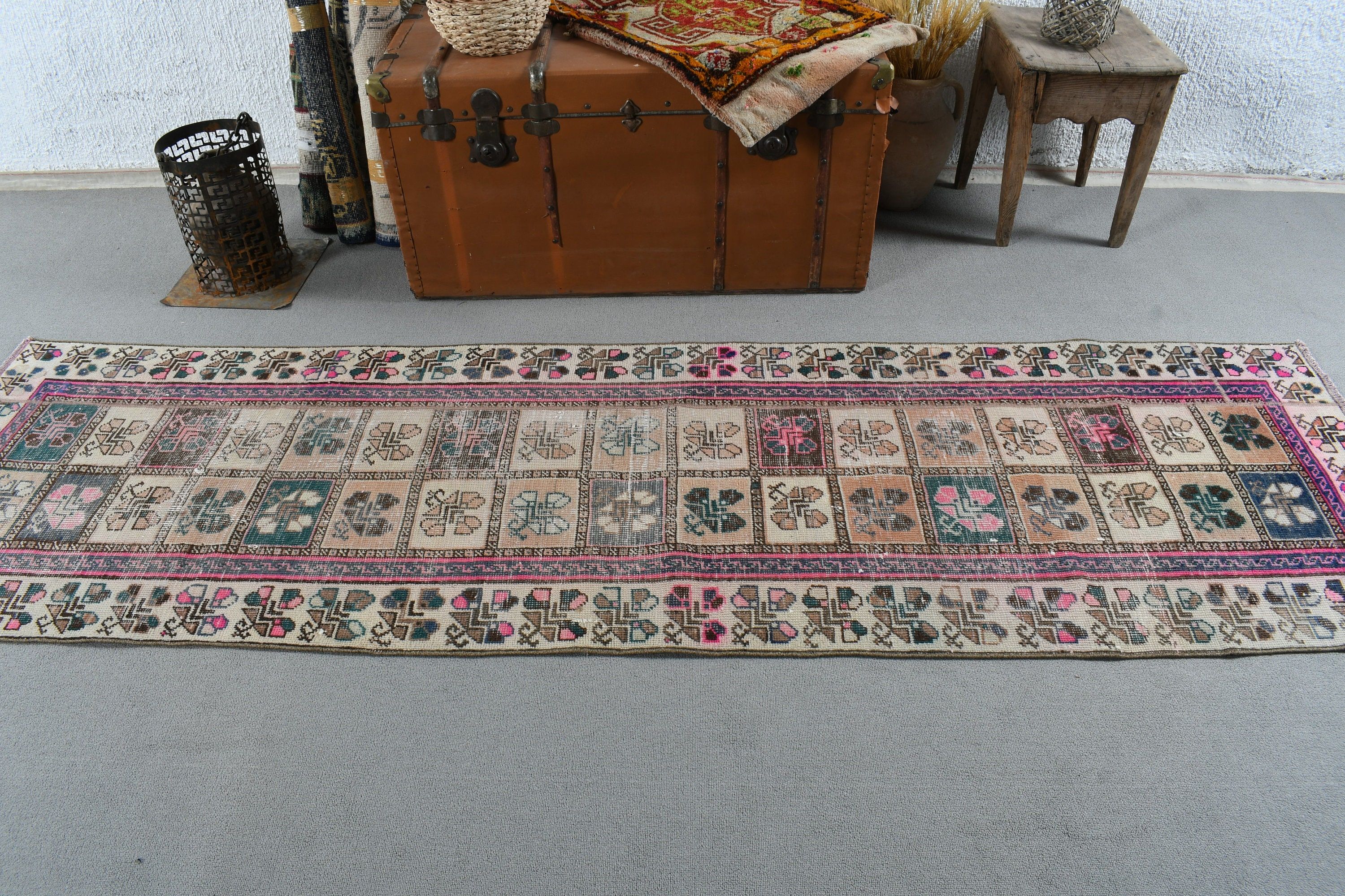 Lüks Halı, Mutfak Halısı, Oushak Halısı, Soğuk Halı, Bej 2,5x8,7 ft Runner Halısı, Vintage Runner Halıları, Vintage Halı, Türk Halısı