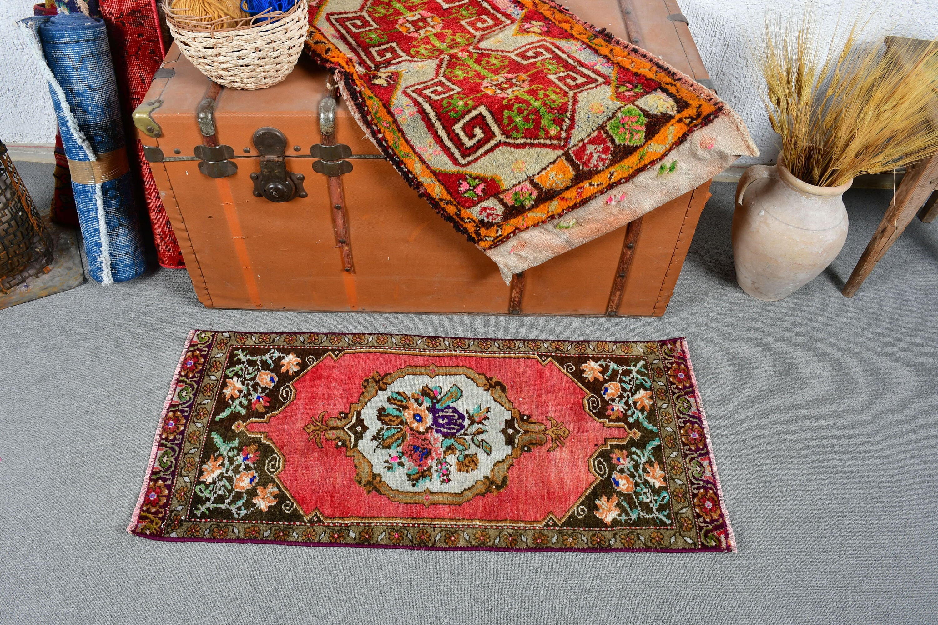 Turkish Rugs, Entry Rug, Antique Rugs, Red Wool Rug, Cool Rug, Rugs for Bedroom, 1.5x3.3 ft Small Rug, Bedroom Rug, Vintage Rug, Old Rugs