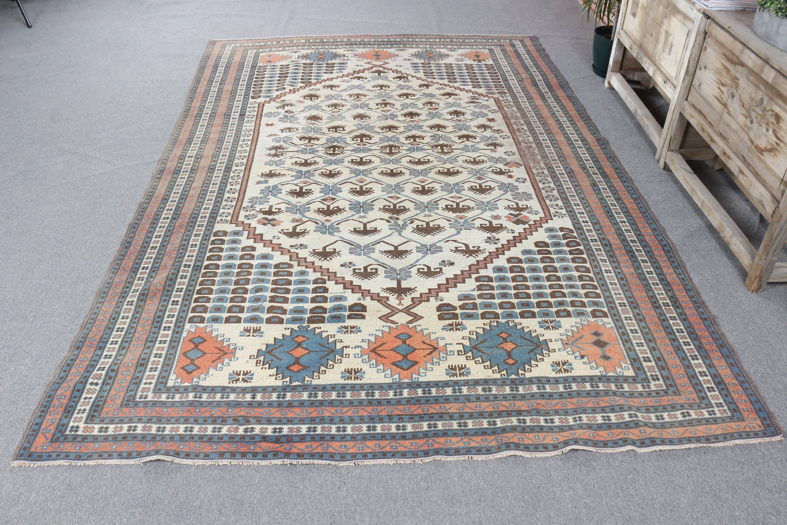 Büyük Boho Halıları, Vintage Halılar, Türk Halıları, 6.1x9.3 ft Büyük Halı, Bej Anadolu Halısı, Yatak Odası Halıları, Aztek Halısı, Yer Halıları, Anadolu Halıları