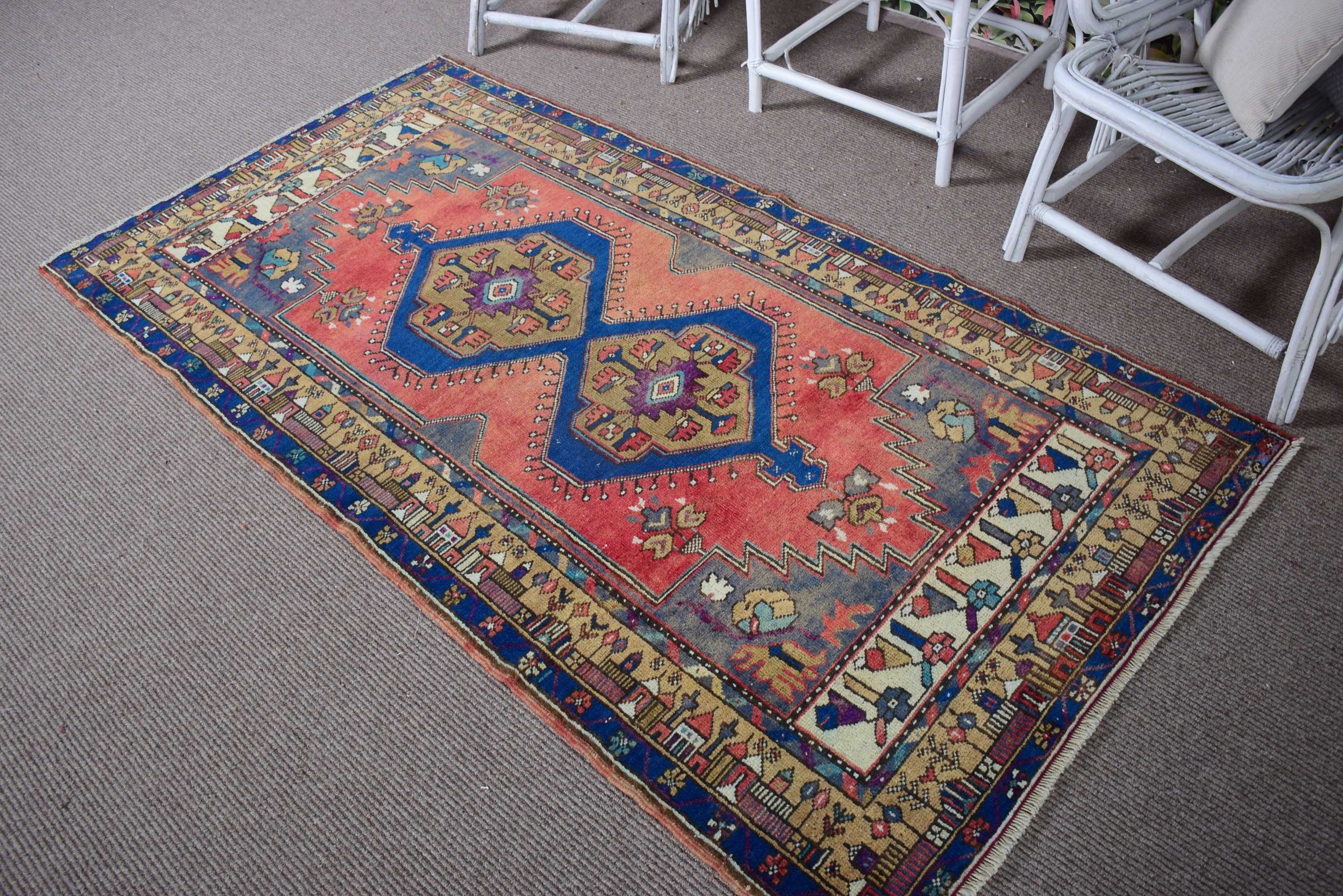 Türk Halısı, 3.5x6.7 ft Aksan Halısı, Vintage Aksan Halıları, Oushak Halısı, Vintage Halılar, Kırmızı Antika Halı, Lüks Halılar, Antika Halılar, Çocuk Halısı