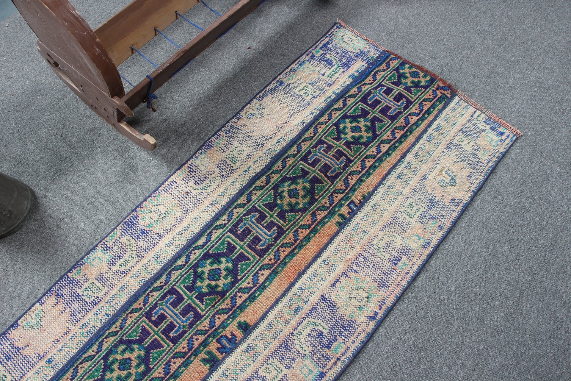 Blue Wool Rugs, Rugs for Runner, Kitchen Rug, Stair Rug, Pale Rug, Wool Rug, Oushak Rug, 2.4x7.8 ft Runner Rug, Vintage Rugs, Turkish Rugs