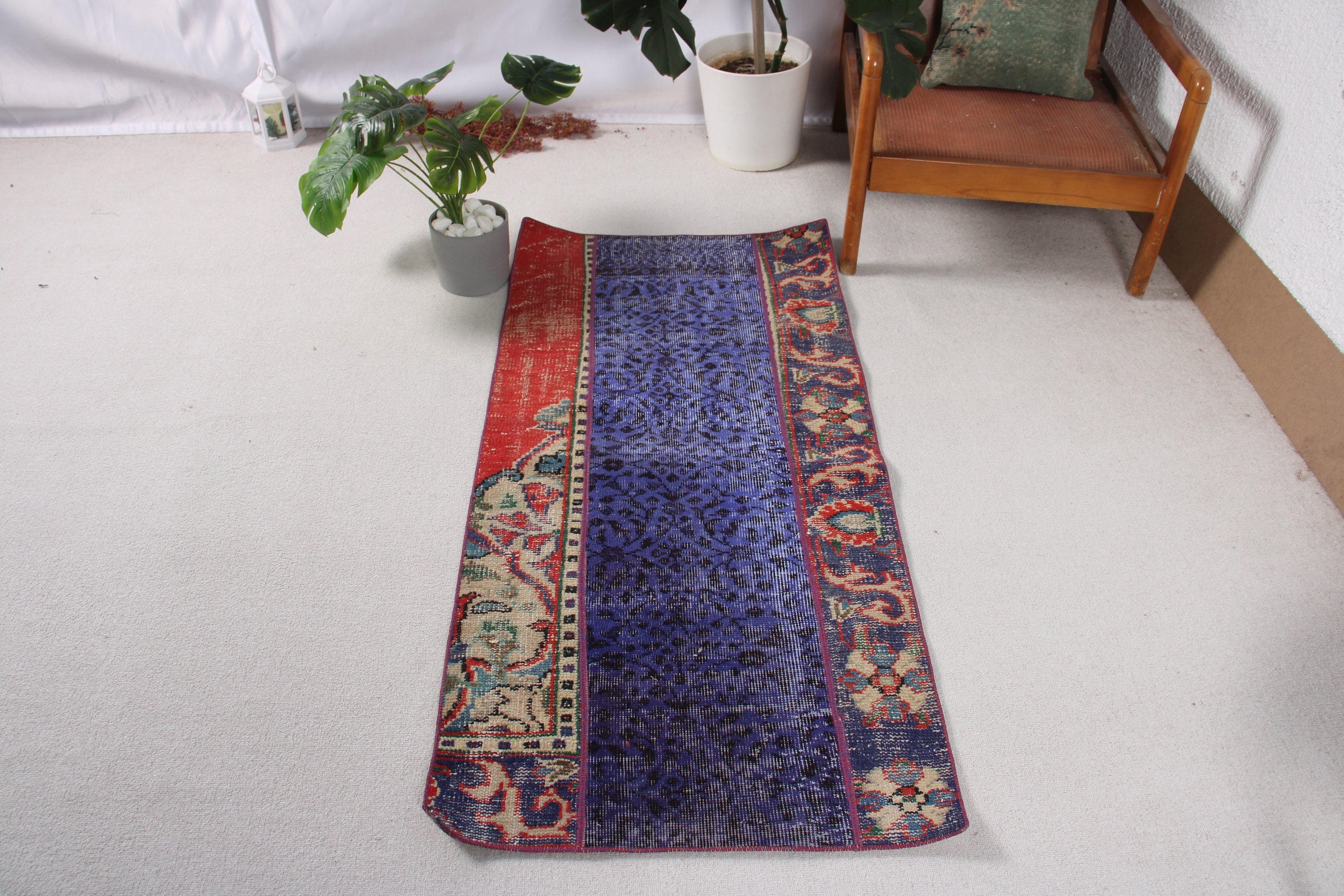 Mutfak Halıları, 2.3x4.9 ft Küçük Halı, Araba Paspas Halısı, Türk Halısı, Küçük Boho Halısı, Vintage Halı, Mavi Oryantal Halılar, Yün Halılar