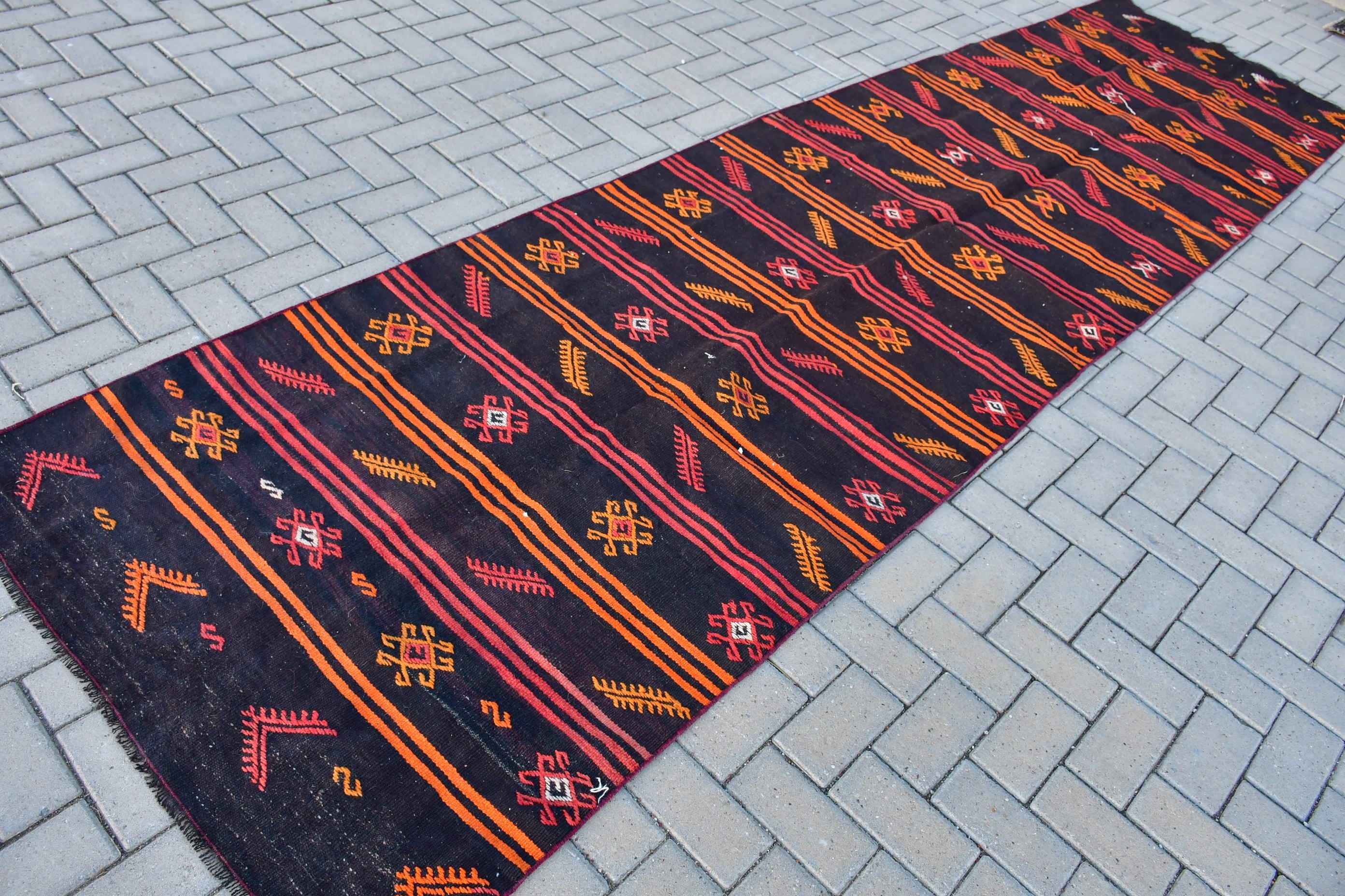 Corridor Rug, Vintage Rug, Rugs for Runner, Bedroom Rug, Anatolian Rugs, Turkish Rugs, Kilim, Black  3.5x13 ft Runner Rug