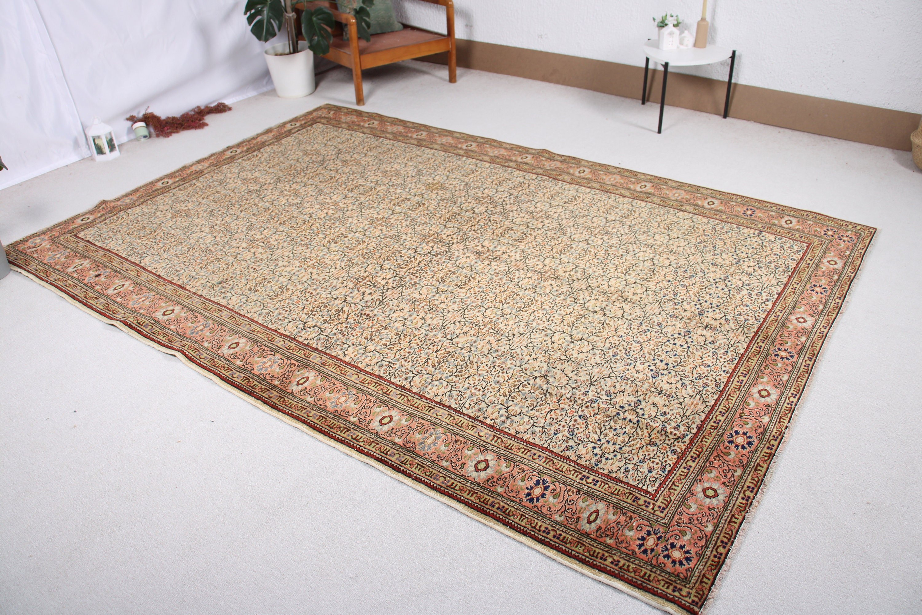 Bej Yer Halıları, Düz Dokuma Halı, Türk Halıları, Nötr Halılar, Vintage Halı, 6,5x9,5 ft Büyük Halı, Büyük Boho Halısı, Büyük Oushak Halıları