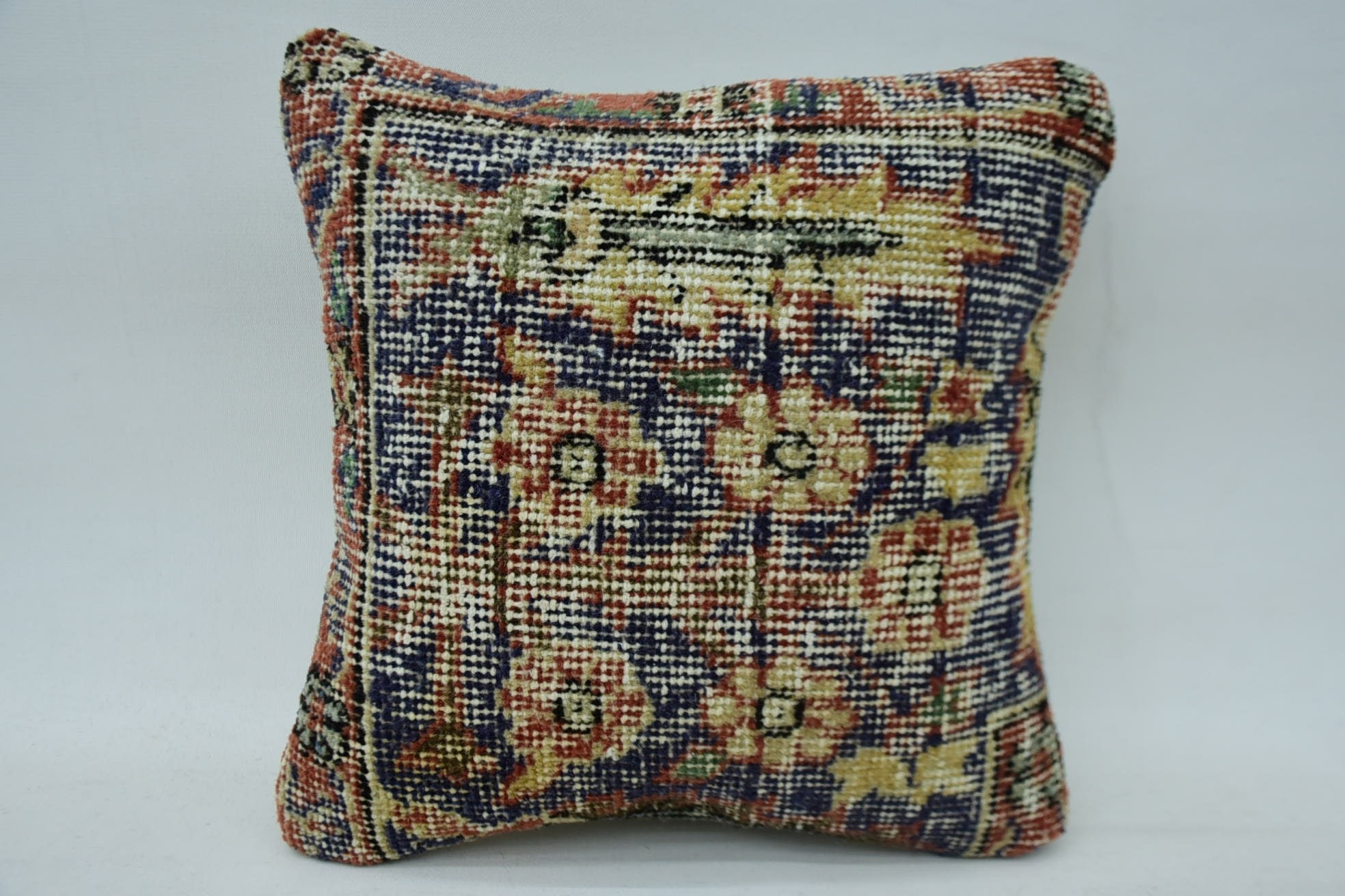 Kilim Pillow, 12"x12" Blue Pillow Cover, Anatolian Cushion Cover, Vintage Pillow, Bolster Throw Pillow, Boho Pillow Sham Cover