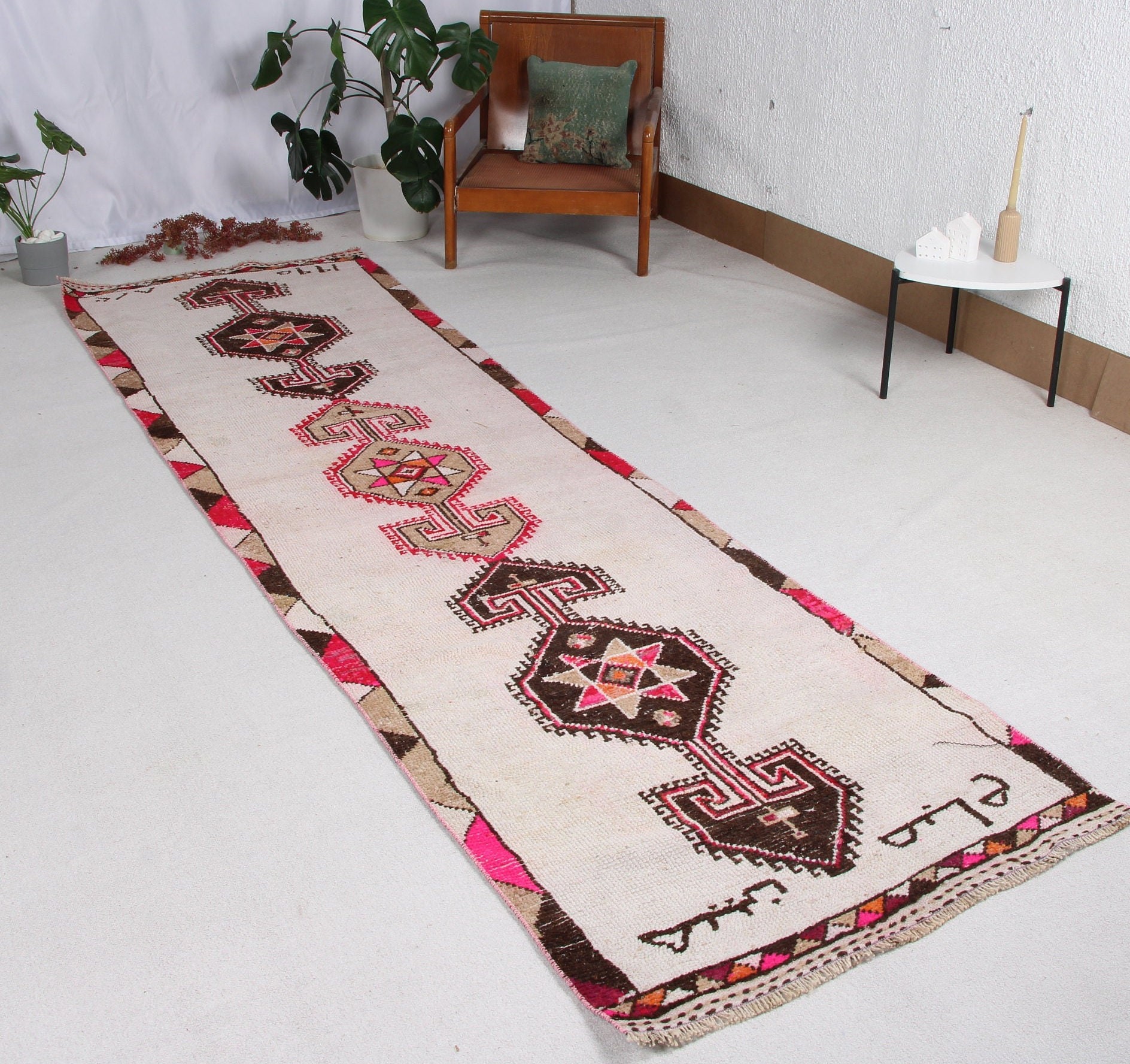 3.1x11.9 ft Runner Halıları, Soğuk Halılar, Beyaz Soğuk Halı, Türk Halıları, Vintage Runner Halısı, Koridor Halıları, Anadolu Halıları, Vintage Halılar, Boho Halısı