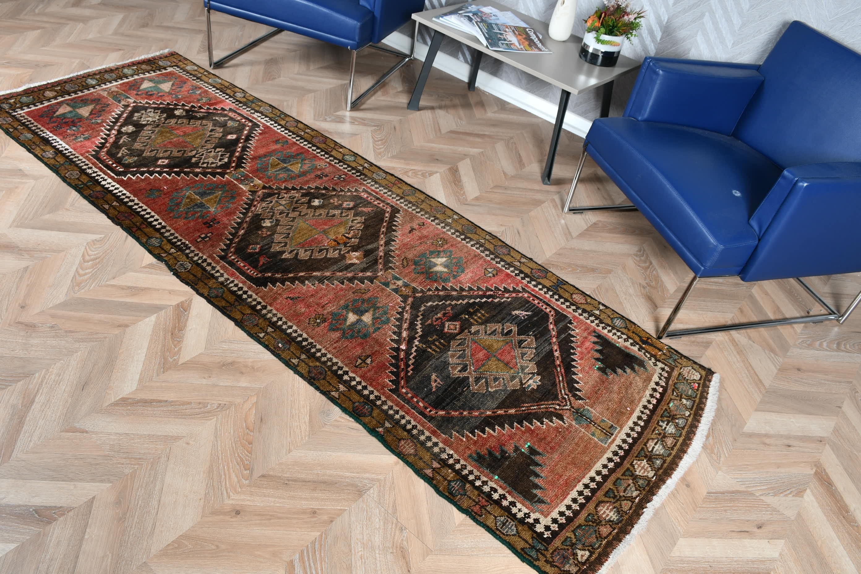 Anadolu Halısı, Dekoratif Halı, Kırmızı Yün Halı, Mutfak Halısı, Türk Halısı, Vintage Halı, 2,9x8,7 ft Runner Halısı, Soğuk Halı, Koridor Halıları