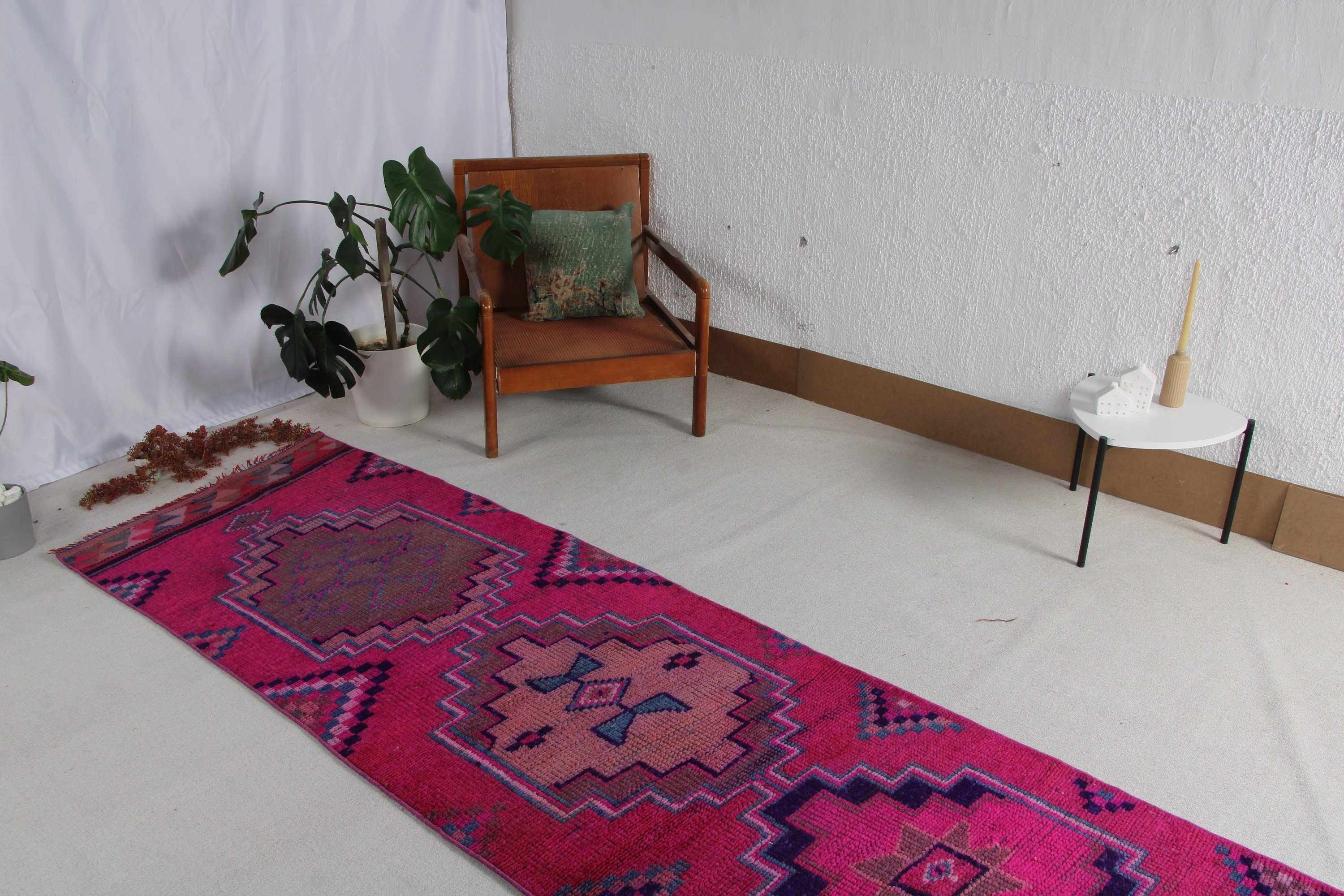 Mor Oryantal Halı, 2.9x12.8 ft Runner Halıları, Geometrik Halılar, Oushak Halısı, Türk Halısı, Mutfak Halıları, Beni Ourain Runner Halısı, Vintage Halılar