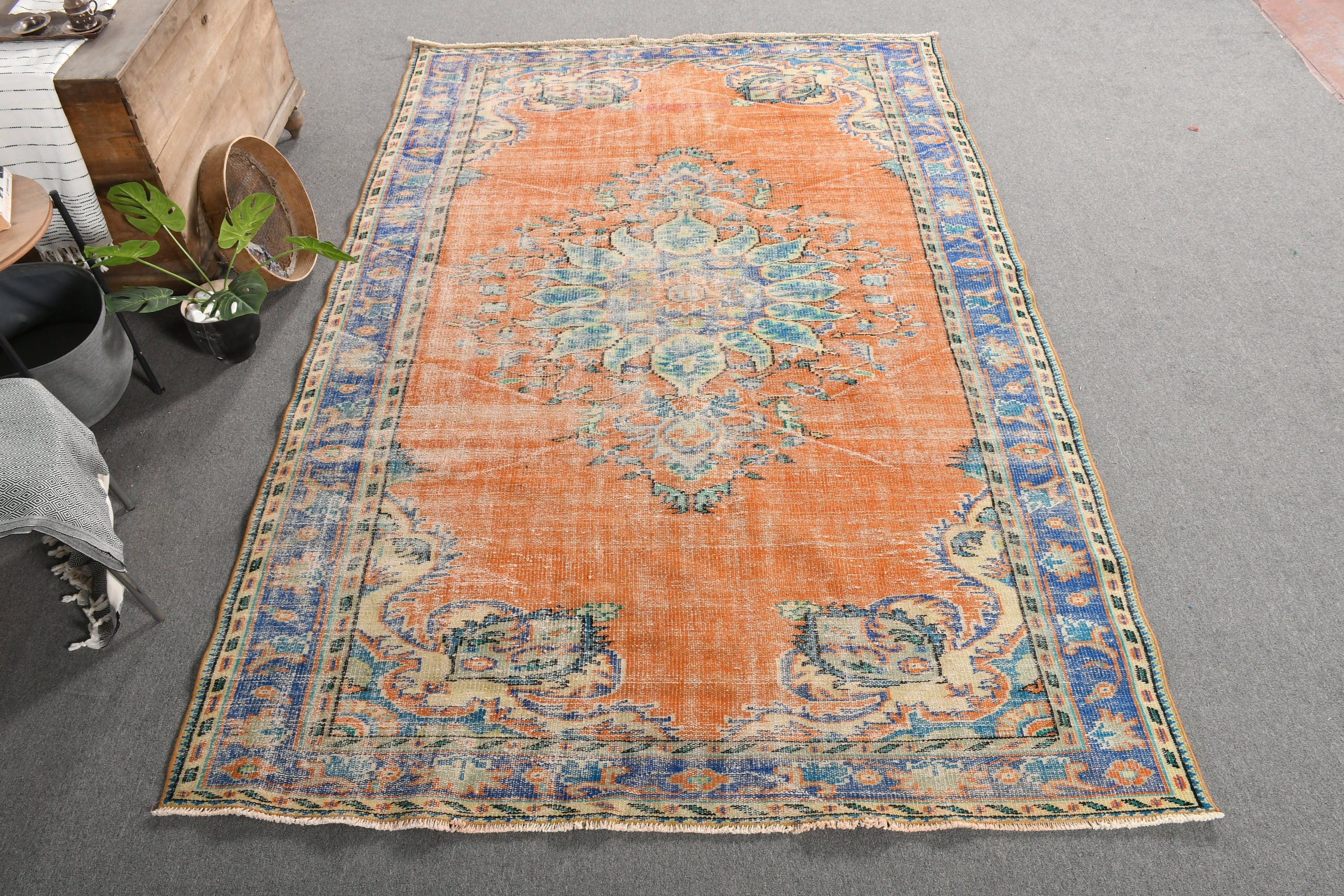 Blue Bedroom Rug, Boho Rug, Vintage Rugs, Turkish Rugs, 6.2x9.6 ft Large Rug, Oushak Rug, Living Room Rug, Anatolian Rug, Rugs for Bedroom