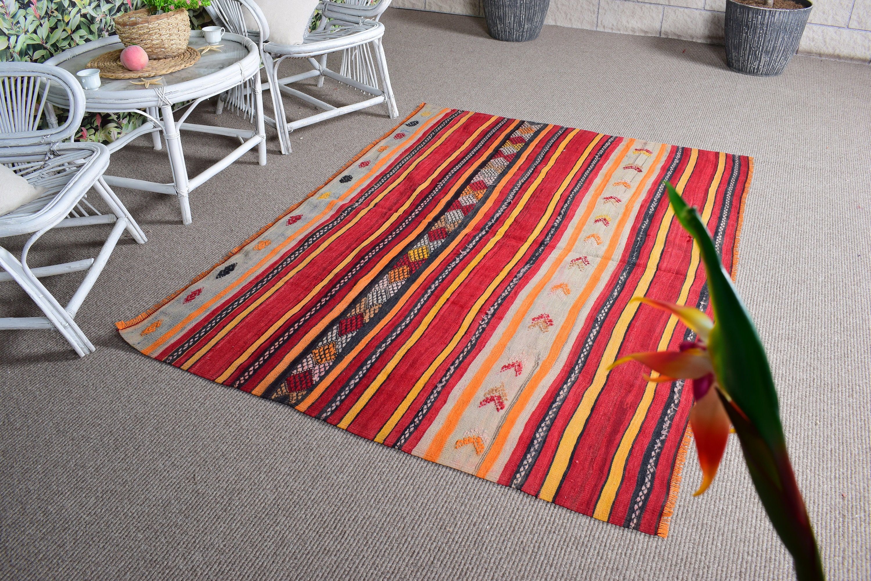 Flatweave Rugs, Red Geometric Rugs, Kilim, Dining Room Rugs, Vintage Rug, 4.4x6 ft Area Rug, Living Room Rug, Turkish Rug, Kitchen Rugs