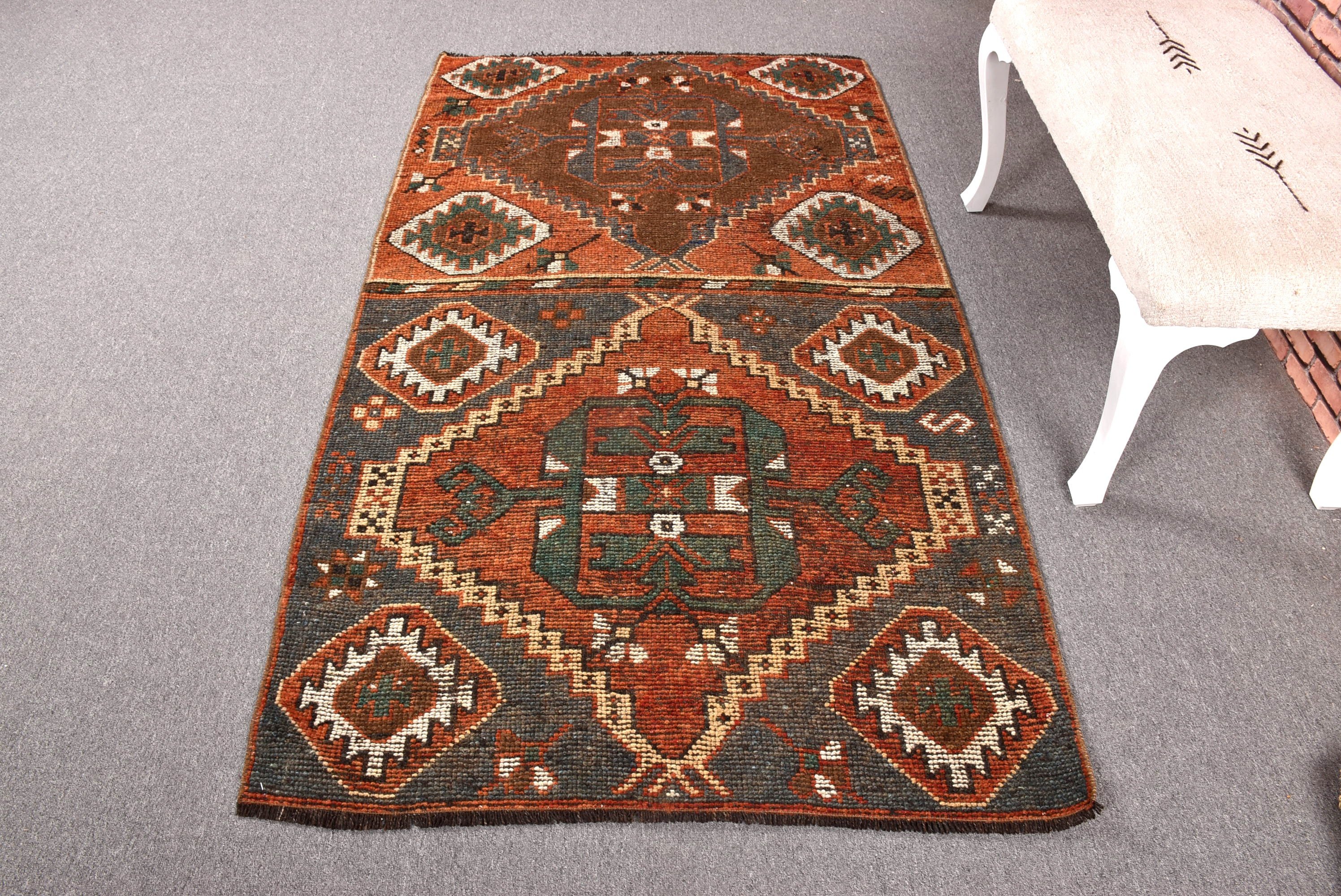 Türk Halıları, 3.6x6.6 ft Aksan Halısı, Vintage Halılar, Mutfak Halısı, Anadolu Halısı, Dekoratif Halı, Geometrik Halılar, Turuncu El Dokuma Halı