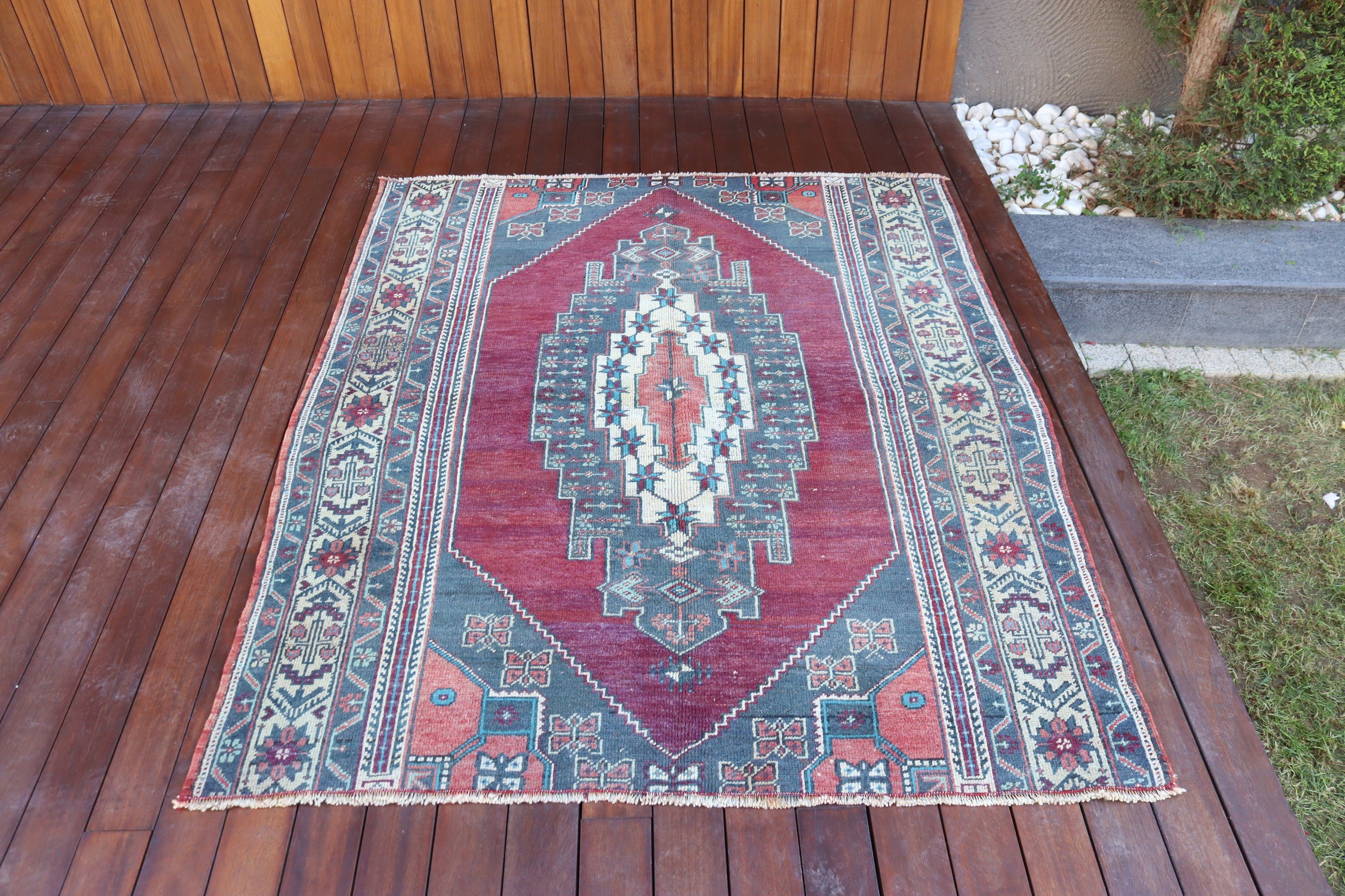 Kırmızı Boho Halılar, Yatak Odası Halıları, Açıklama Halısı, Türk Halıları, Boho Vurgulu Halılar, El Dokuma Halılar, 4.3x5.4 ft Accent Halı, Vintage Halılar