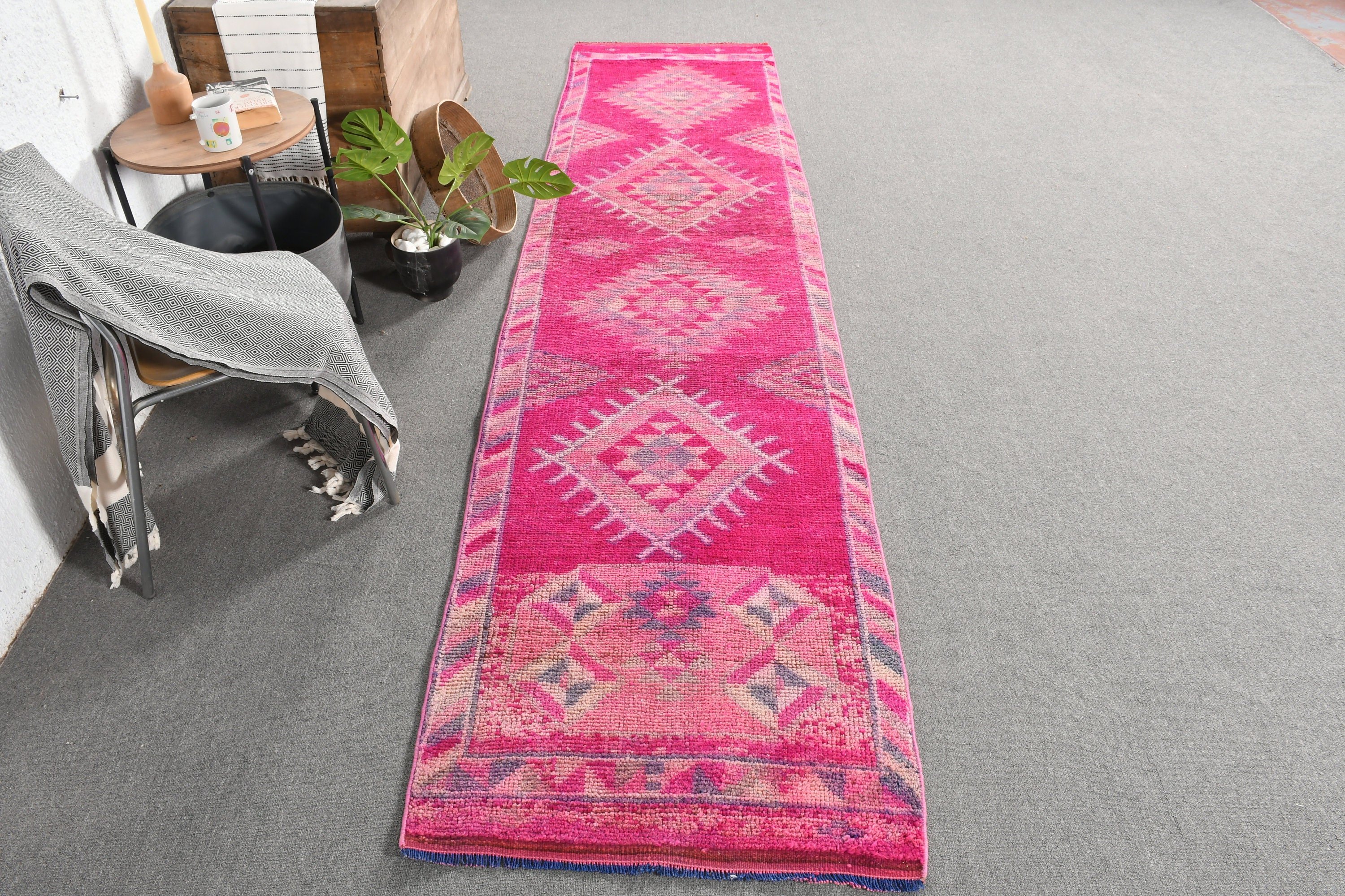 2.7x11.7 ft Runner Halı, Vintage Halı, Koridor Halısı, Merdiven Halıları, Havalı Halılar, Türk Halısı, Mutfak Halıları, Runner Halıları, Pembe Yün Halılar