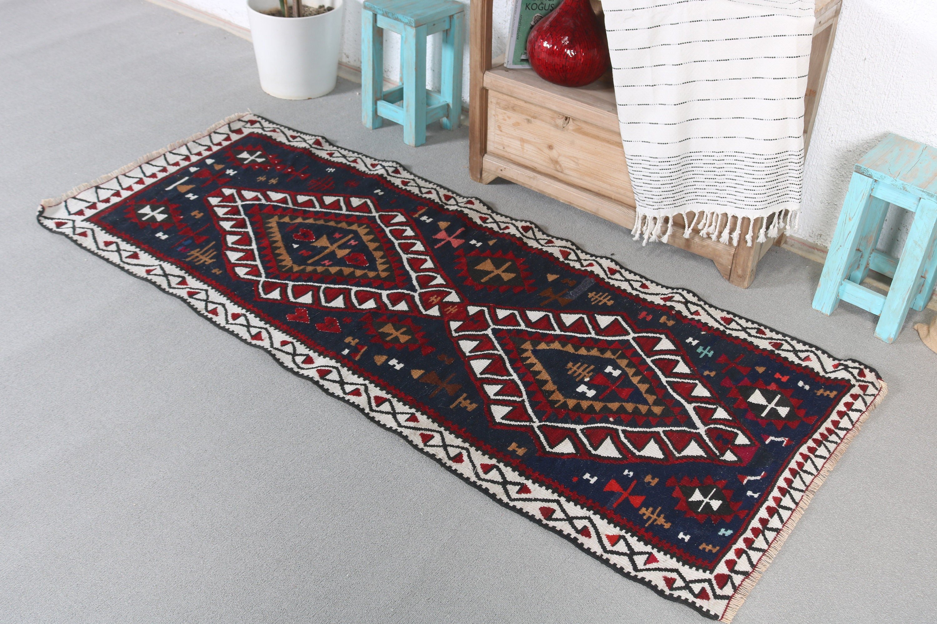 Entry Rug, Vintage Rug, Wool Rugs, Rugs for Entry, Turkish Rugs, Bedroom Rug, Kilim, 2.5x6.1 ft Accent Rug, Blue Antique Rug