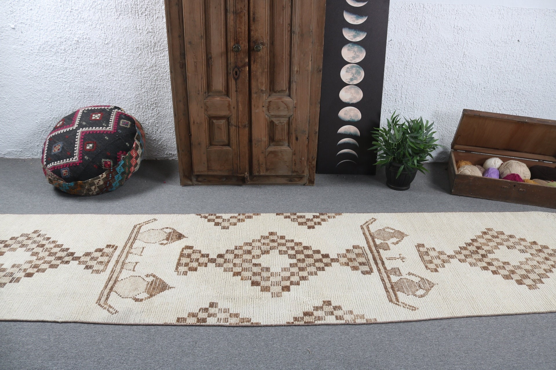 Oushak Rugs, 2.7x12.6 ft Runner Rugs, Vintage Rugs, Hallway Rugs, Beige Handwoven Rug, Geometric Rug, Turkish Rug, Vintage Runner Rug